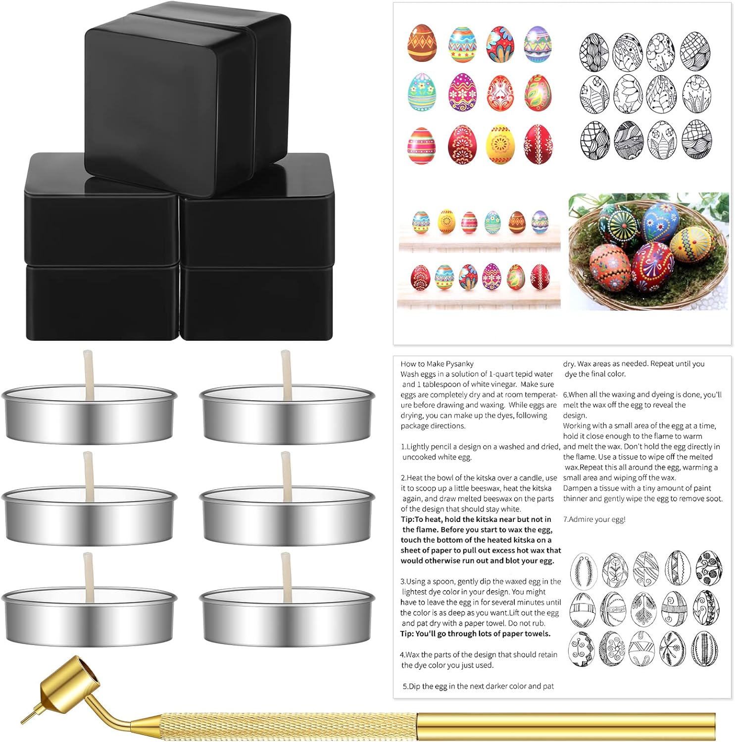 Huquary 14 Pcs Easter Egg Decorating Kit Include 6 Egg Beeswax 1 Fluid Metal Pen 6