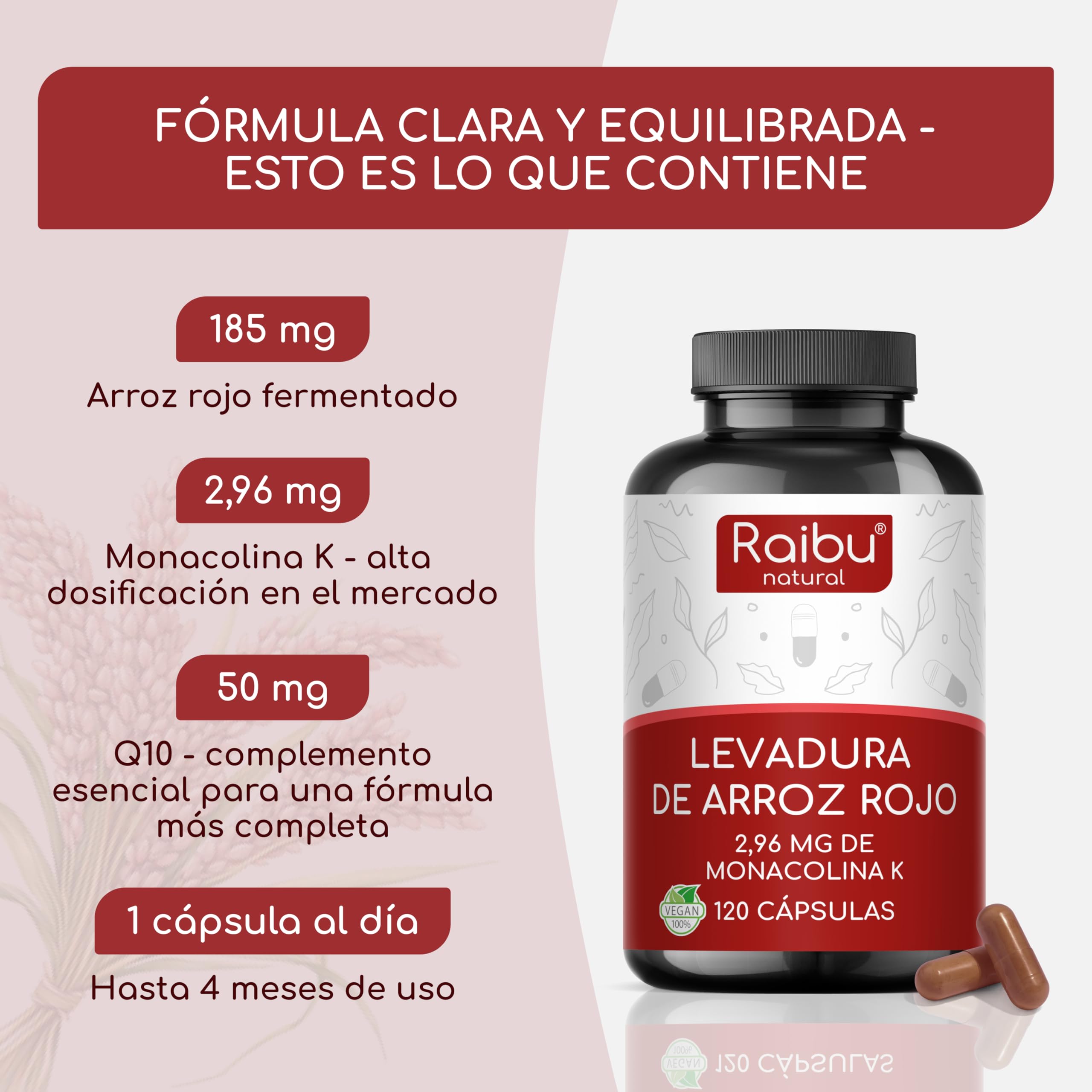 Levadura de arroz rojo con 50 mg de coenzima Q10 & 2,96 mg de monacolina K por cápsula - Apoyo al colesterol y a la función normal del corazón - Testado para citrinina - 120 cápsulas veganas