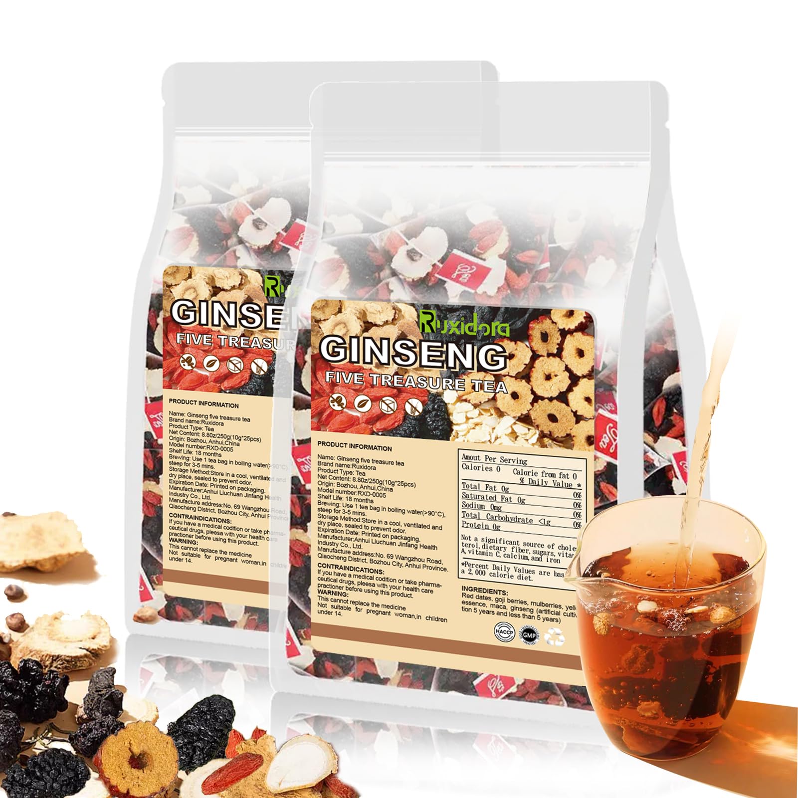 Ginseng Five Treasures Herbal Tea | 25 Organic Tea Bags,Traditional Chinese Herbs Blend | Natural Wellness Support with Red Dates & Wolfberry | Caffeine-Free & Additive-Free-2PCS
