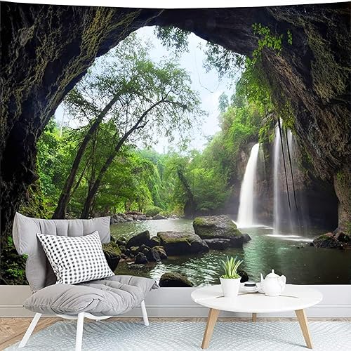 Miniatura 5 de FENDROM Tapiz verde de bosque brumoso para colgar en la pared, diseño de cueva de montaña, paisaje, cascada, río, tapices para dormitorio, sala de