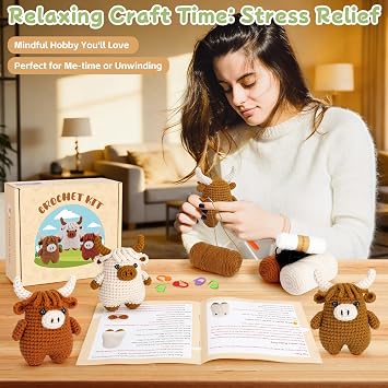 3pcs Highland Cow Learning Crochet Kit For Beginners with Video Crochet Kit Highland Cow Animal Knitting Kit Crocheted Animal Kits Complete Crochet Starter Animals Set Beginners Crocheted Kit