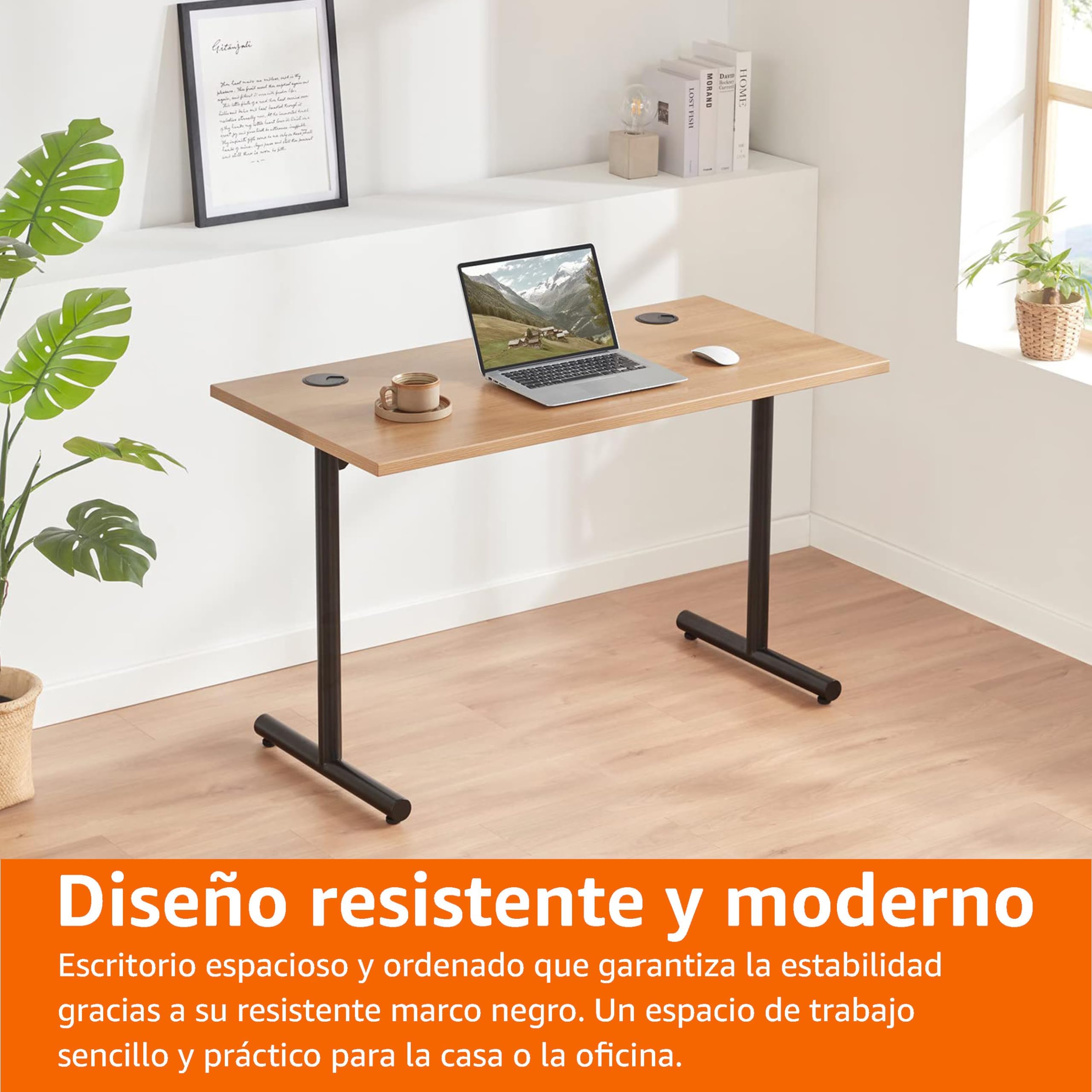 Amazon Basics Escritorio para Oficina en Casa, para Juegos, para Ordenador con Control de Cables, Tablero Grueso de 25mm, Moderno y Sencillo de Montar, Marco Negro, Roble, 120 x 60 x 73,6cm