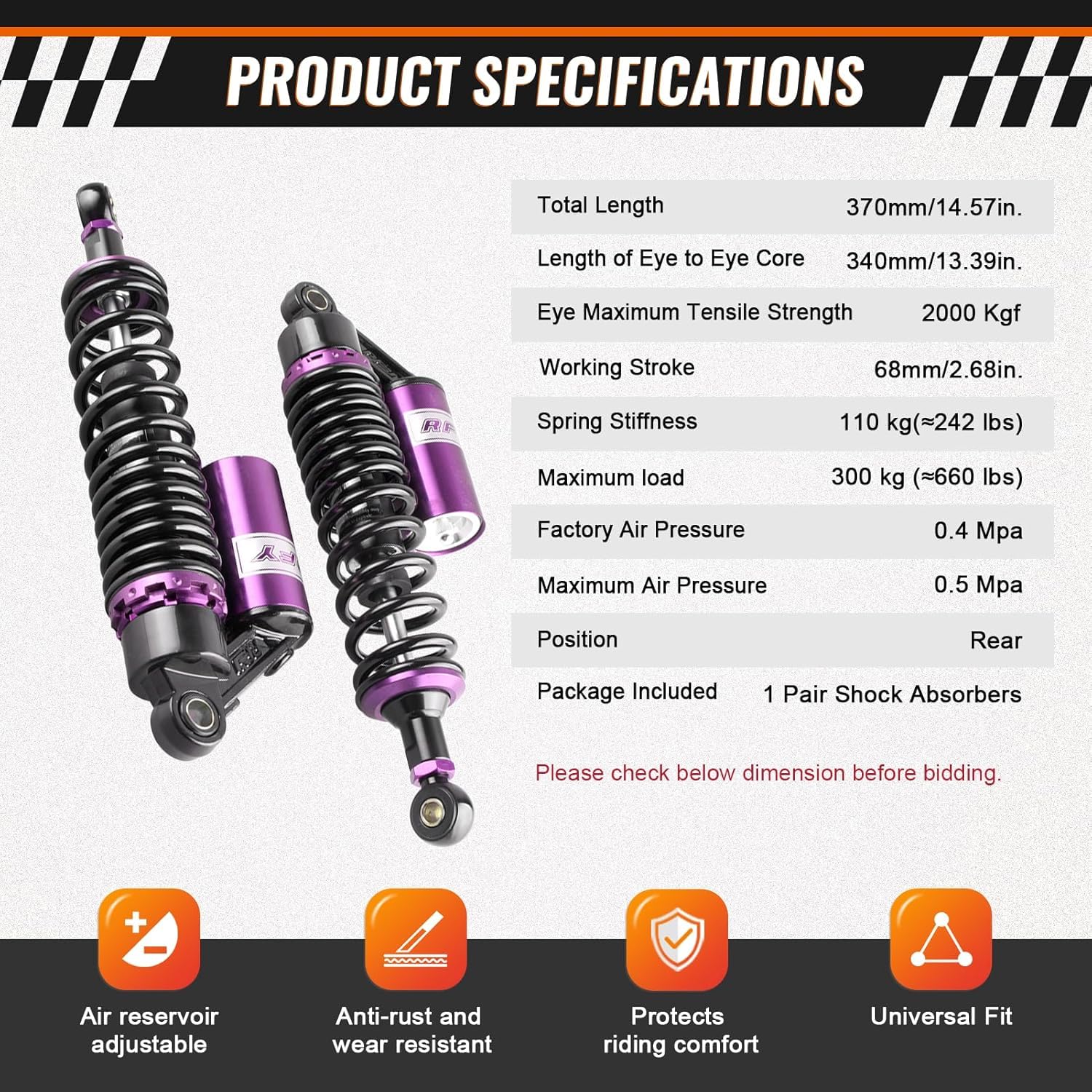 340mm 13.38 pollice 7mm Molla Universale Moto Ammortizzatori Posteriore Sospensione ATV Quad Scooter Dirt Bike Per 50cc 75cc 90cc 125cc 150cc 250cc 300cc Nero Viola