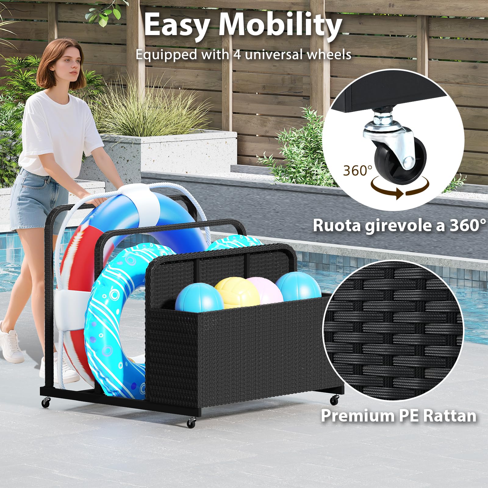 HOMASIS Baul Almacenaje de Exterior con 2 Toalleros, Contenedor de Almacenamiento para Flotadores de Piscina, Baúl Impermeable de Ratán para Patio Jardin Terraza (Negro)