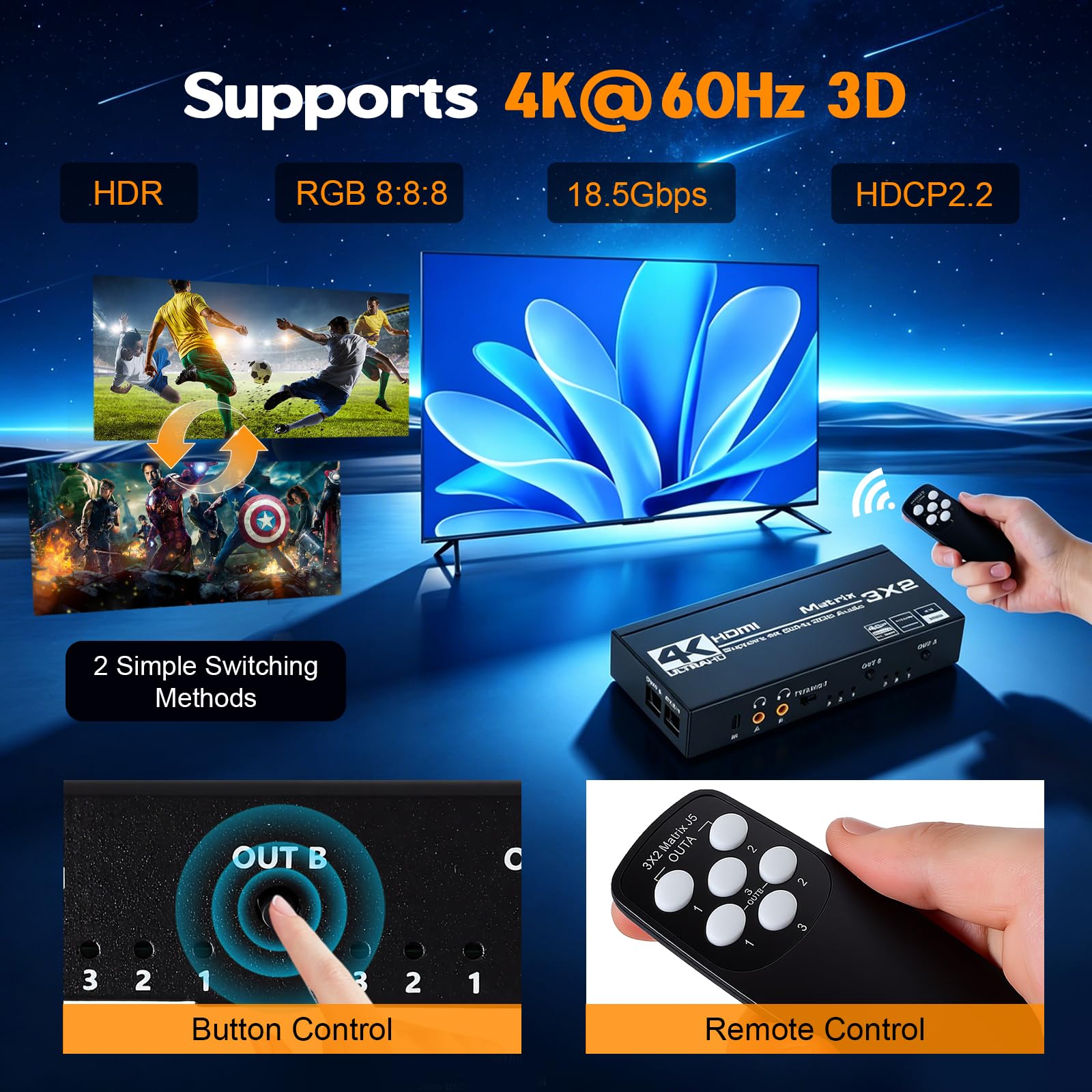 Switch Hdmi 4K 60Hz 3x2, HDMI Switch Splitter 3 in 2 Out, HDCP 2.3 HDR10 18Gbps, mit IR Télécommande & 3.5mm Audio Extractor, Support 4K@60Hz, HDCP 2.2, pour Switch, PS5, Xbox, PC