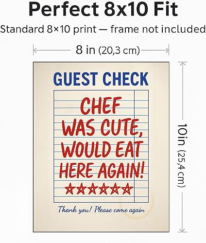 Miniatura 5 de Funny Kitchen Wall Art - Chef Was Cute Guest Check Poster - 8x10 Unframed Retro Diner Decor - Trendy Red Blue Aesthetic Print for Apartment Dining