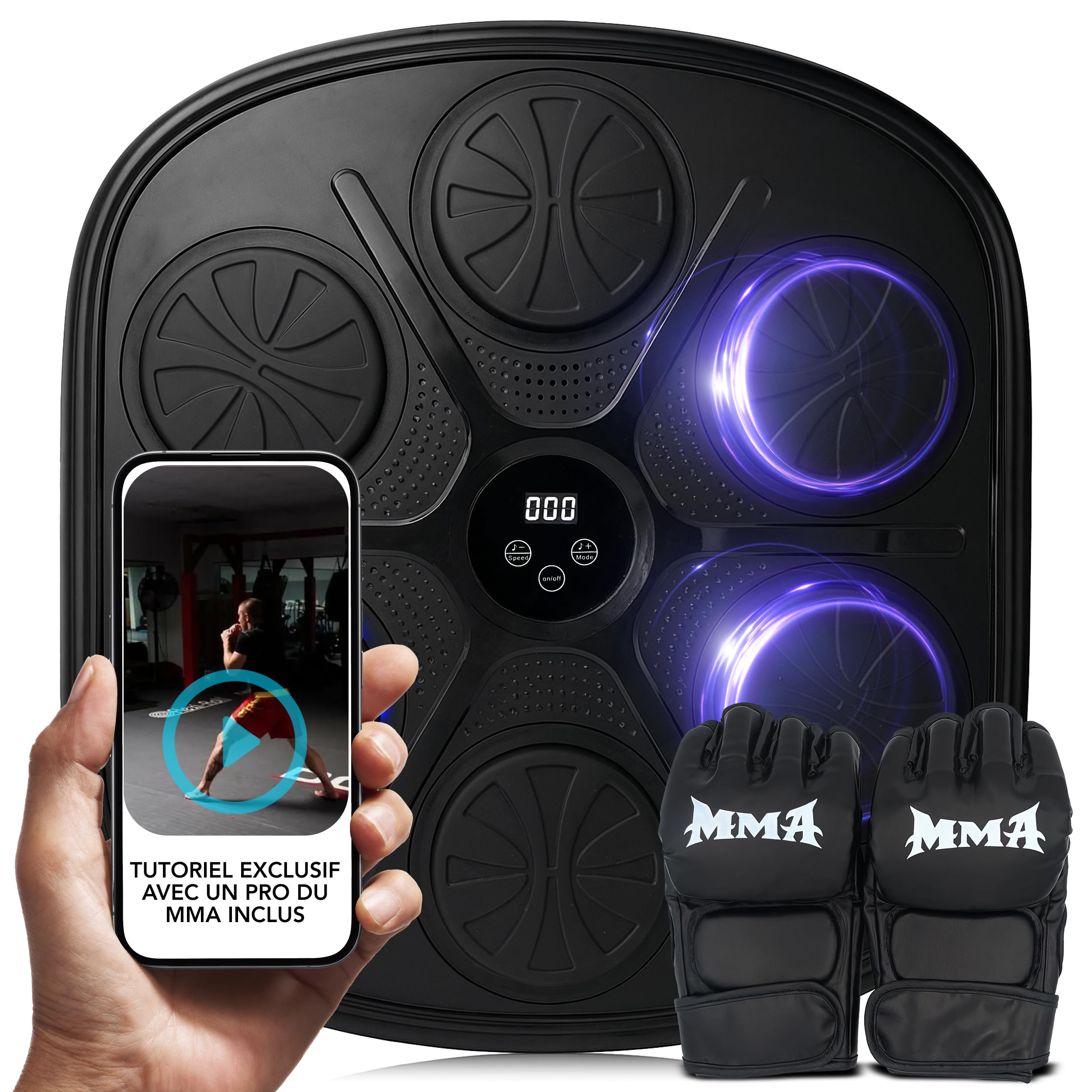 Machine de Boxe Musicale Bluetooth Adulte – Entraînement Réflexe et Cardio – Tutoriel MMA Inclus – 9 Modes & 9 Vitesses – Gants Inclus – Mandobu