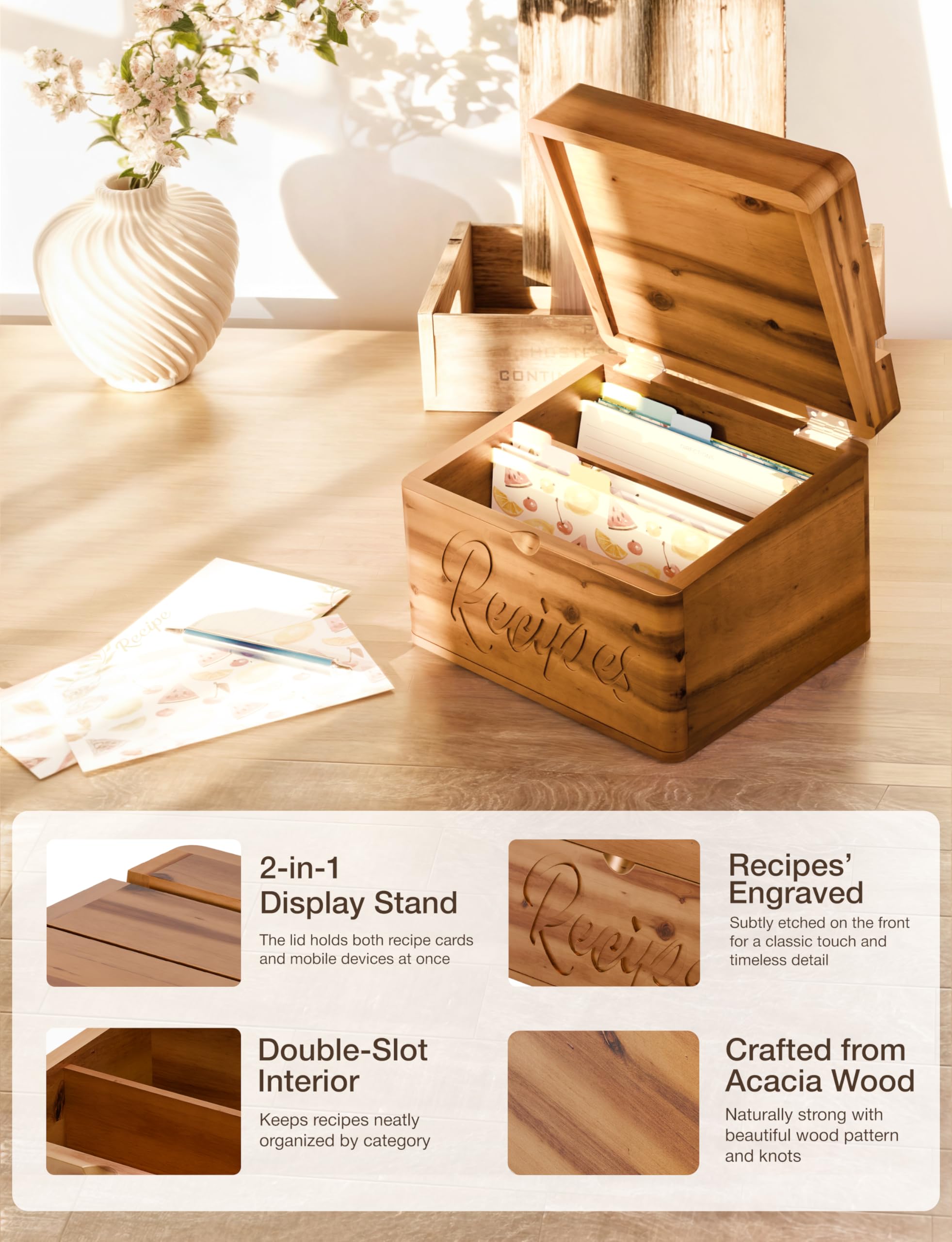 Tidita Acacia Recipe Box with Recipe Cards 4x6 - Wooden Box with Dual Slot, 2 Compartment - Comes with 100 Index Card 4x6, 8 Dividers - 2in1 Recipe Slot and Smartphone Holder - No Assembly Required