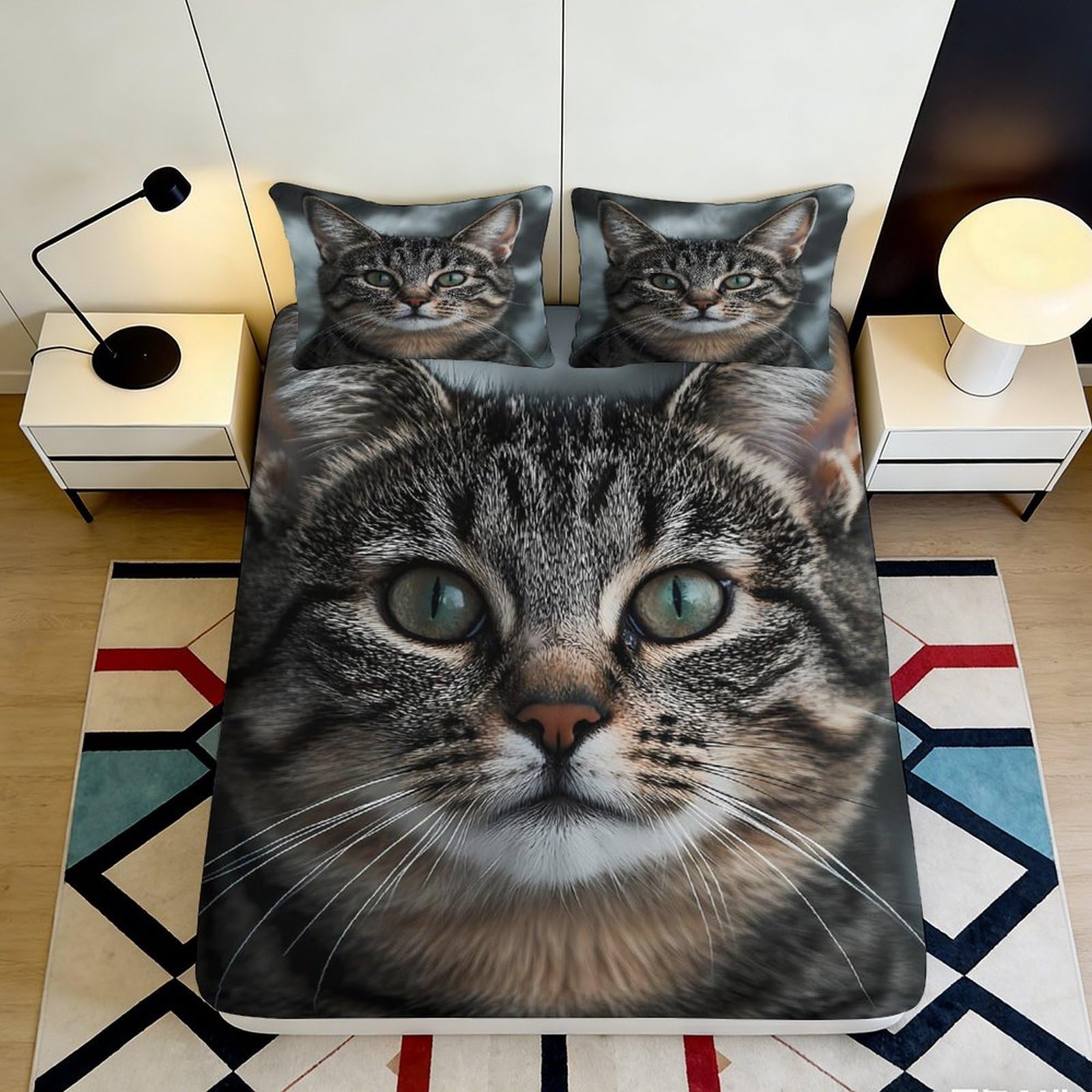 3D Printed Realistic Cat Face Fitted Sheet Microfiber Soft Breathable Tabby Cat Mattress Cover for Bedroom Dormitory Guest Room Mattress Protection Decor 200x200x25cm