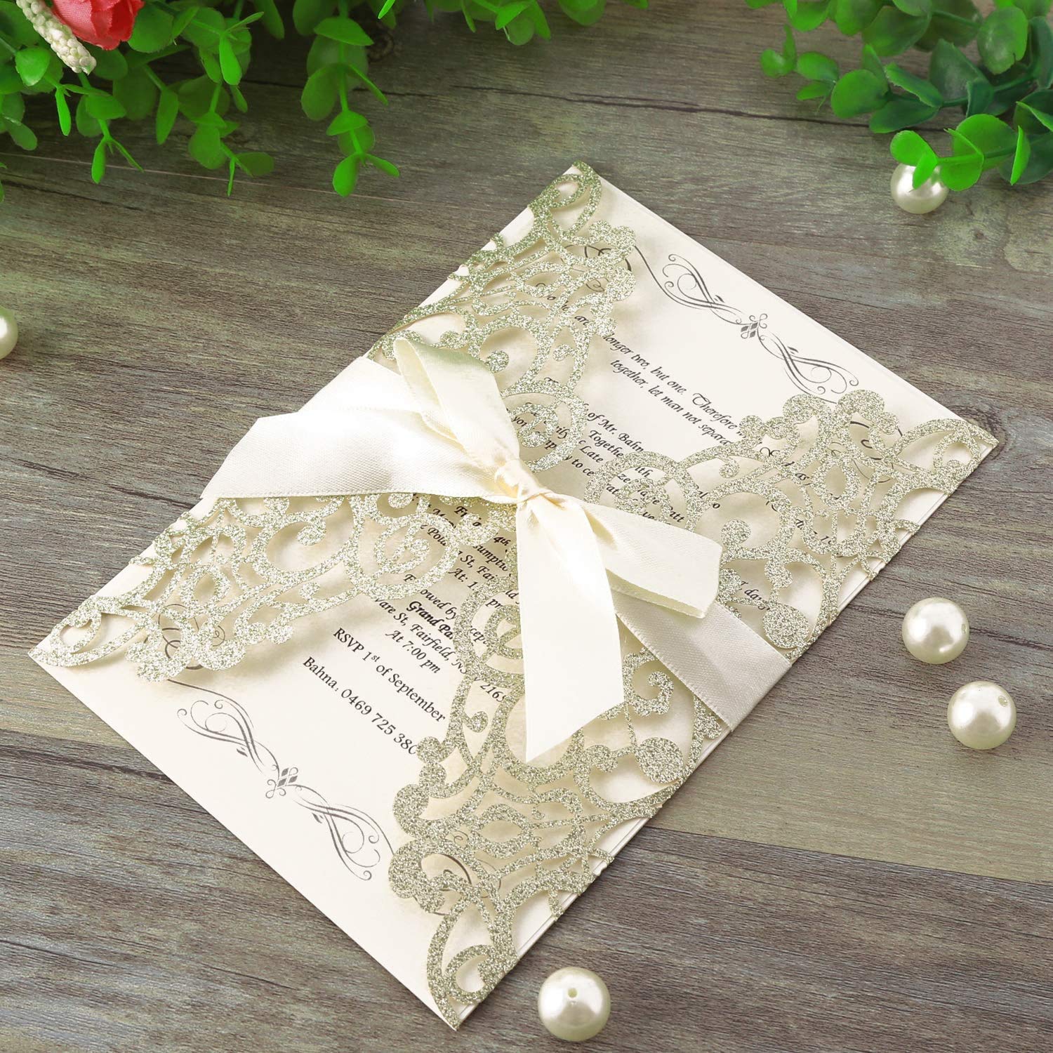 Hosmsua 50 pièces cartes d'invitation découpées au laser avec nœud et enveloppes pour invitations de mariage fête de mariage fiançailles anniversaire (paillettes champagne)
