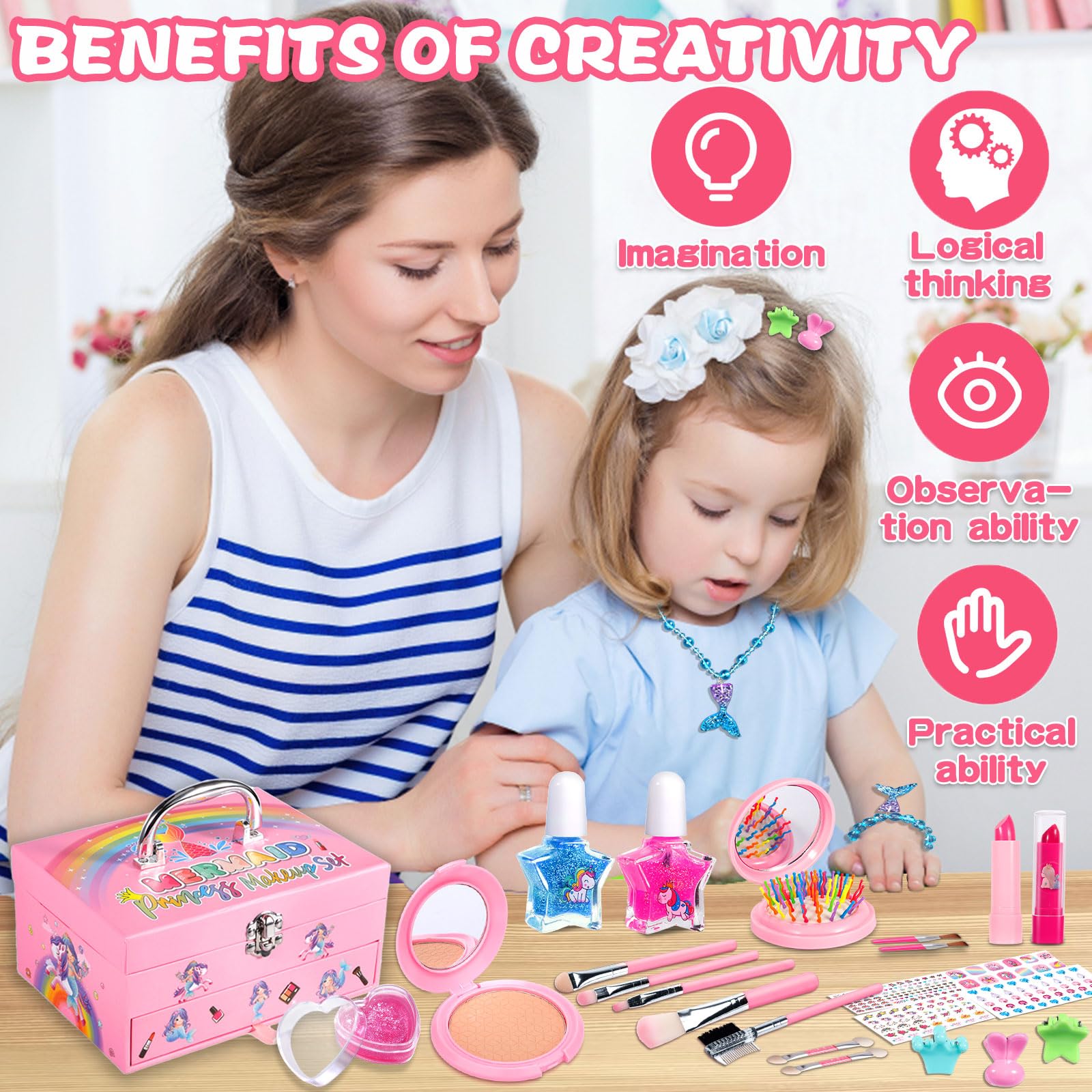 MOYKSRR Maquillage Enfant Jouet Filles, 65 Pcs Kit de Maquillages Enfant Fille, Lavable Malette Maquillage Jouet
