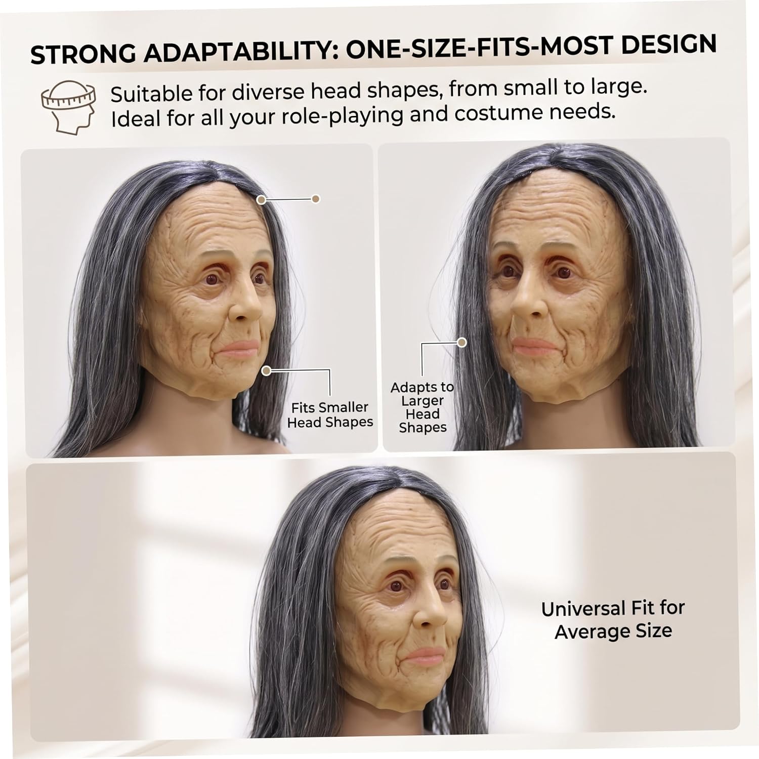 Creepy Mask, Realistic Mask – Old Lady Ghost For Halloween Adult Costume Parties, Size image 5