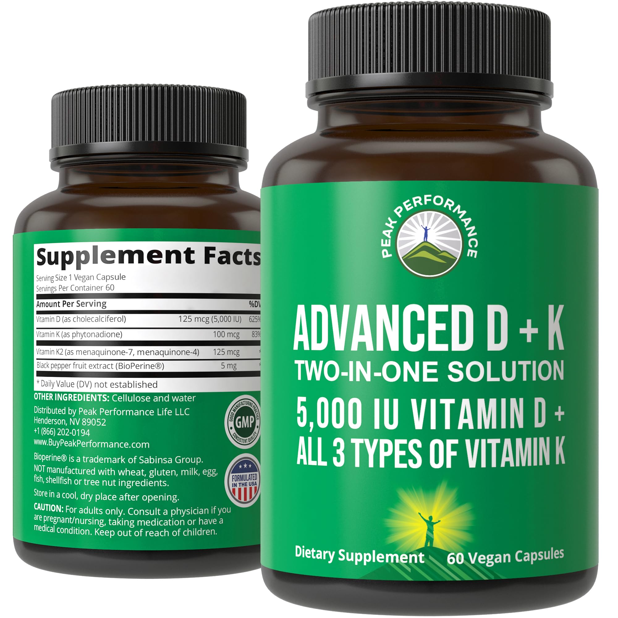 Μέγιστη απόδοση Advanced Vitamin D 5000 IU με όλους τους 3 τύπους βιταμίνης K βιταμίνης D3 και βιταμίνης K2, K1, MK-7 (MK7), MK4 συμπλήρωμα - 60 μικρά και εύκολα να καταπιούν φυτικά χάπια