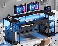 Pamray 58 Inch Gaming Desk with Monitor Stand, LED Lights, Power Outlets & Storage Shelves - Home Office PC Vanity Table Black