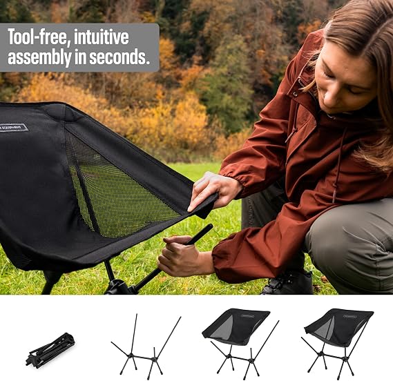TSE LC100 Compact Camping Chair/Super Lightweight Outdoor Folding Chair. Portable Ideal for Hiking, Beach, Festivals, Urban Use, or Garden Relaxation (Black)