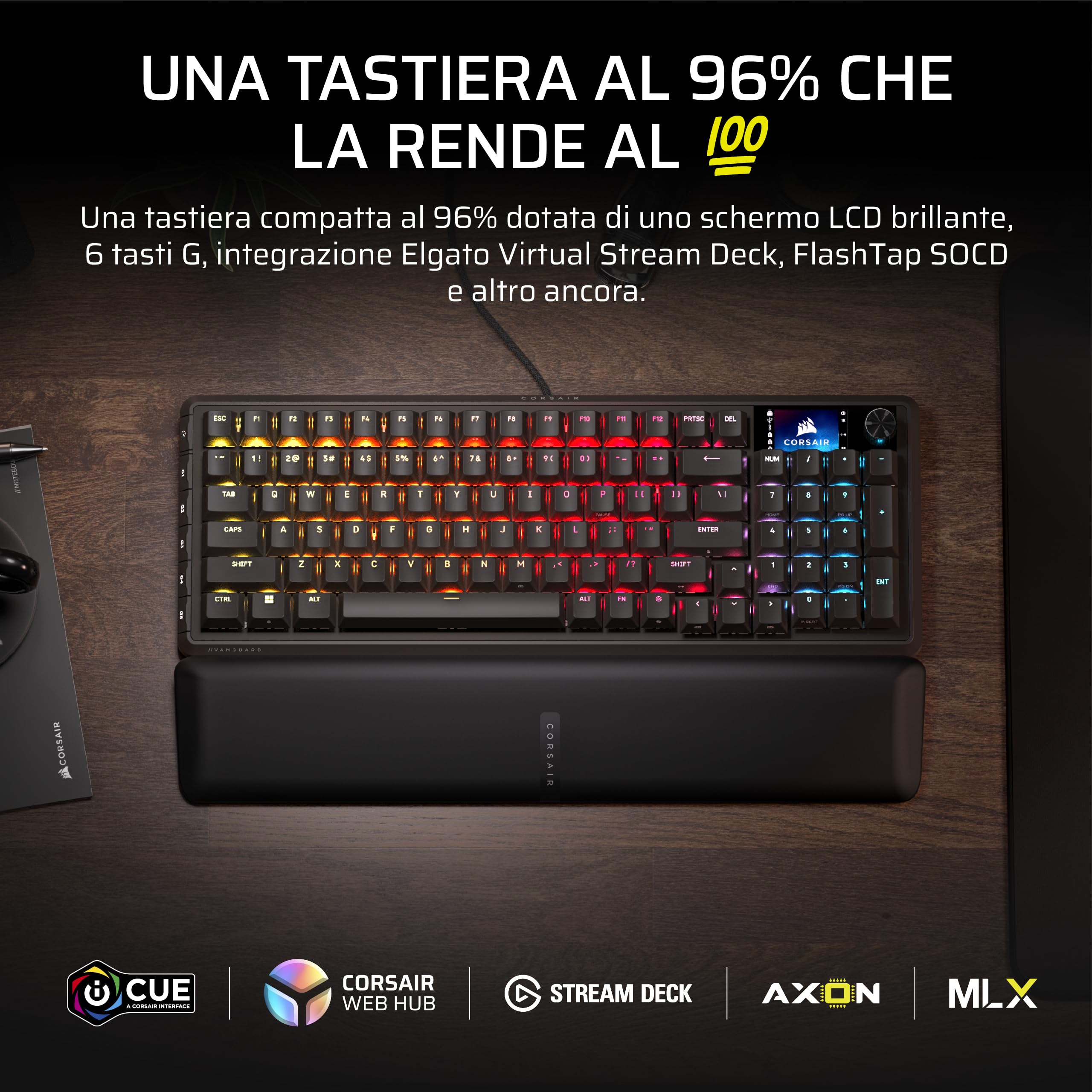 Corsair VANGUARD 96 Tastiera Meccanica da Gioco con Cavo – Layout al 96%, interruttori lineari MLX Plasma, polling a 8000 Hz, display LCD, Virtual Stream Deck, SOCD Flashtap, QWERTY IT – Nero - 3