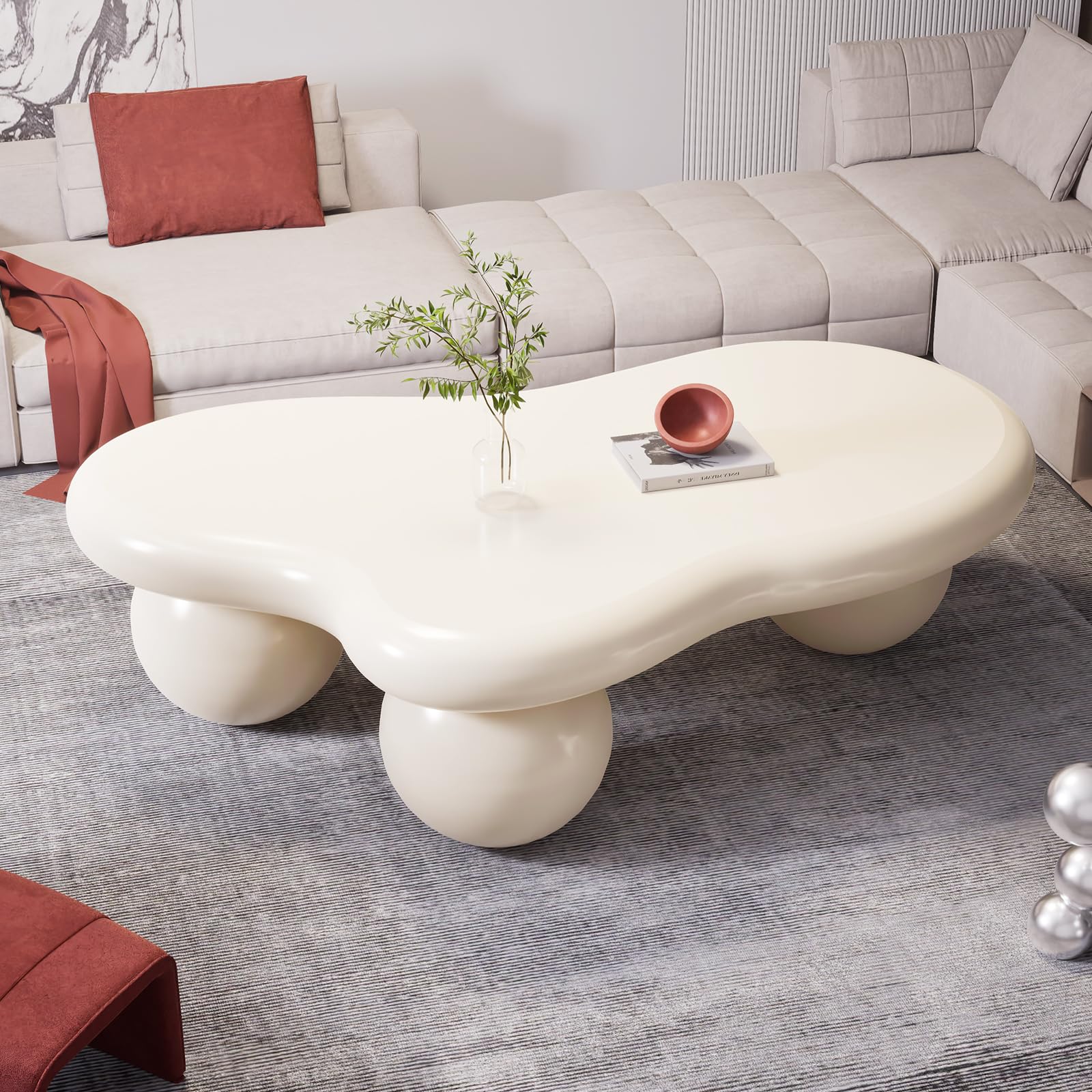 40 Cloud Shaped Coffee Table Modern Irregular Oval Pedestal Coffee Tables with 3 Bases Cream Center Table for
