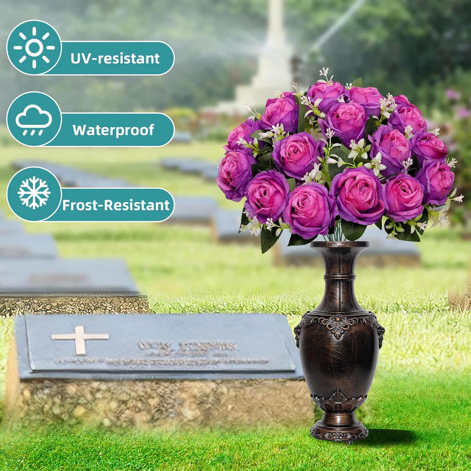 Memorial Grave Vase with Ground Spikes,Cemetery Vase, Headstones Flower Holder, Vases for Artificial Flowers for Grave Markers Cemetery Decorations ﻿ (2, Bronze)