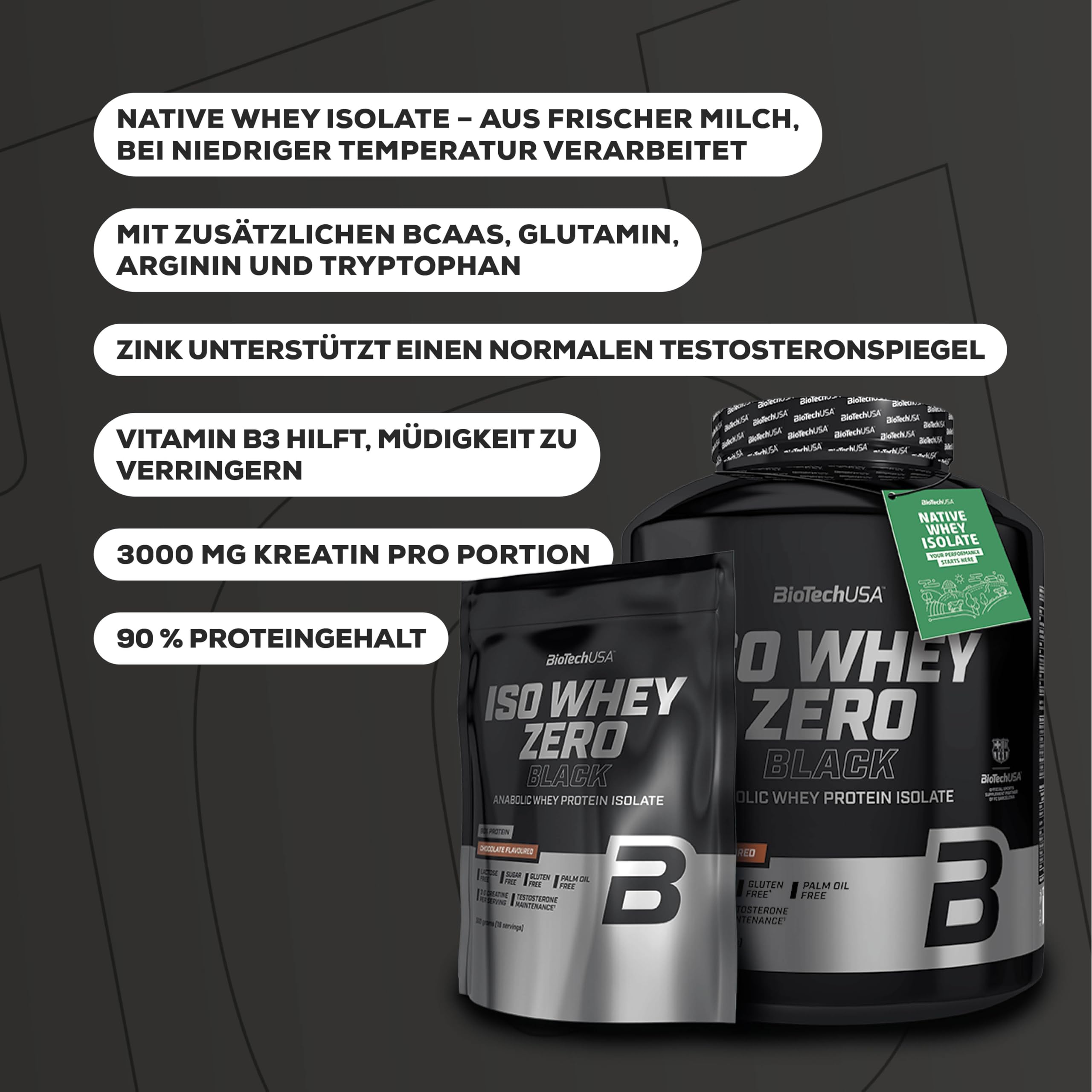 BioTechUSA Iso Whey Zero Black | Molkenproteinisolatbasis | Mit Kreatin | 90% Eiweißgehalt | Mit zusätzlichen Wirkstoffen | Laktosefrei, Zuckerfrei, Glutenfrei | 1816 g, Schokolade