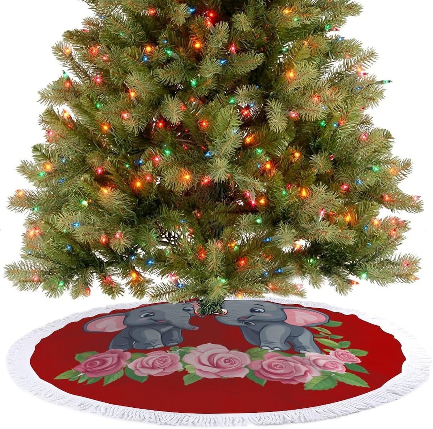 Elephant Christmas Tree Skirt Round Xmas Tree Mat Ornaments Tree Skirts with Tassels for Holiday Party