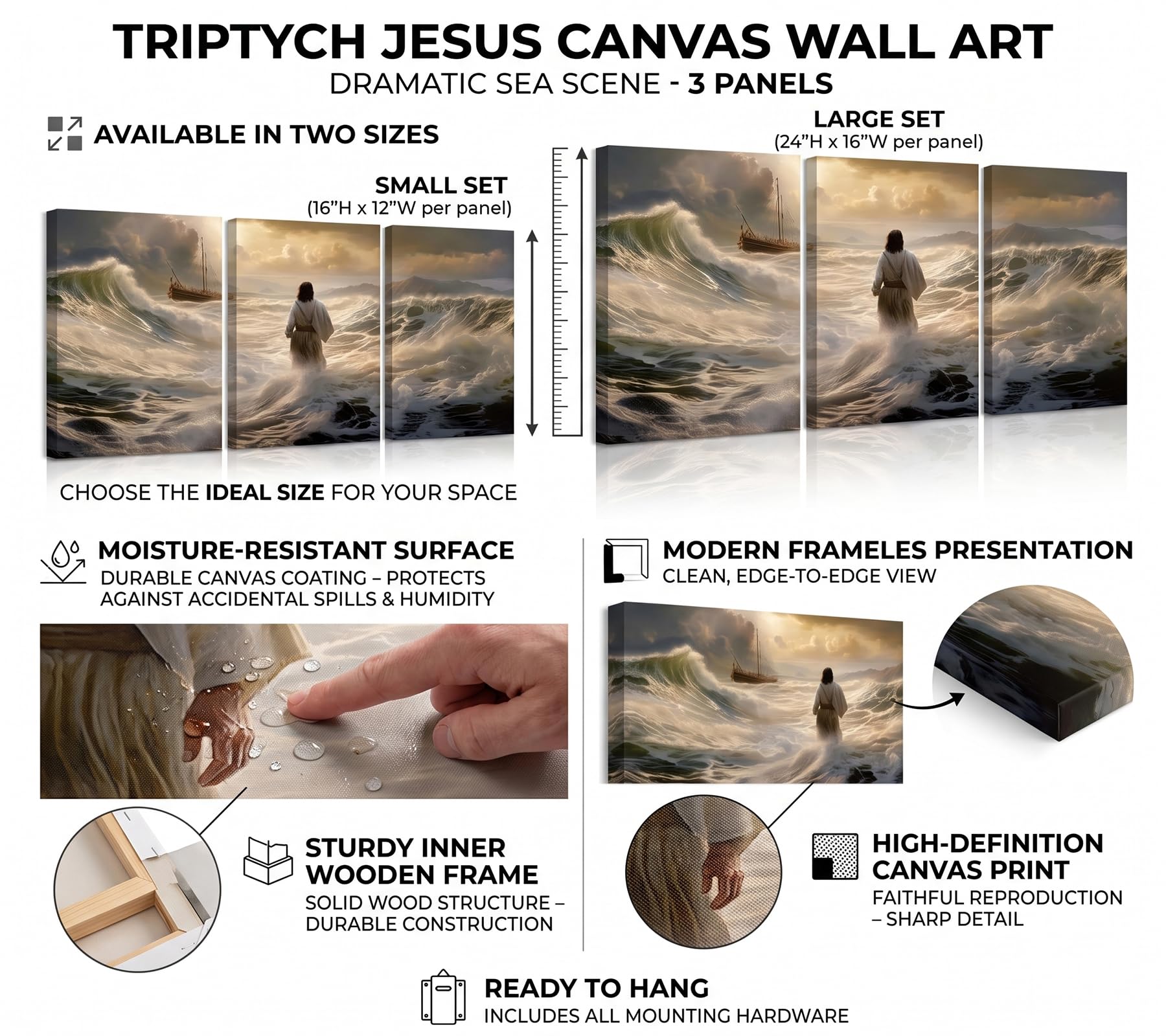3 lienzos de Jesús caminando sobre el agua, arte de pared con historias bíblicas cristianas, cuadro decorativo para pared, espíritu religioso, fe, póster impreso para sala de estar, dormitorio,