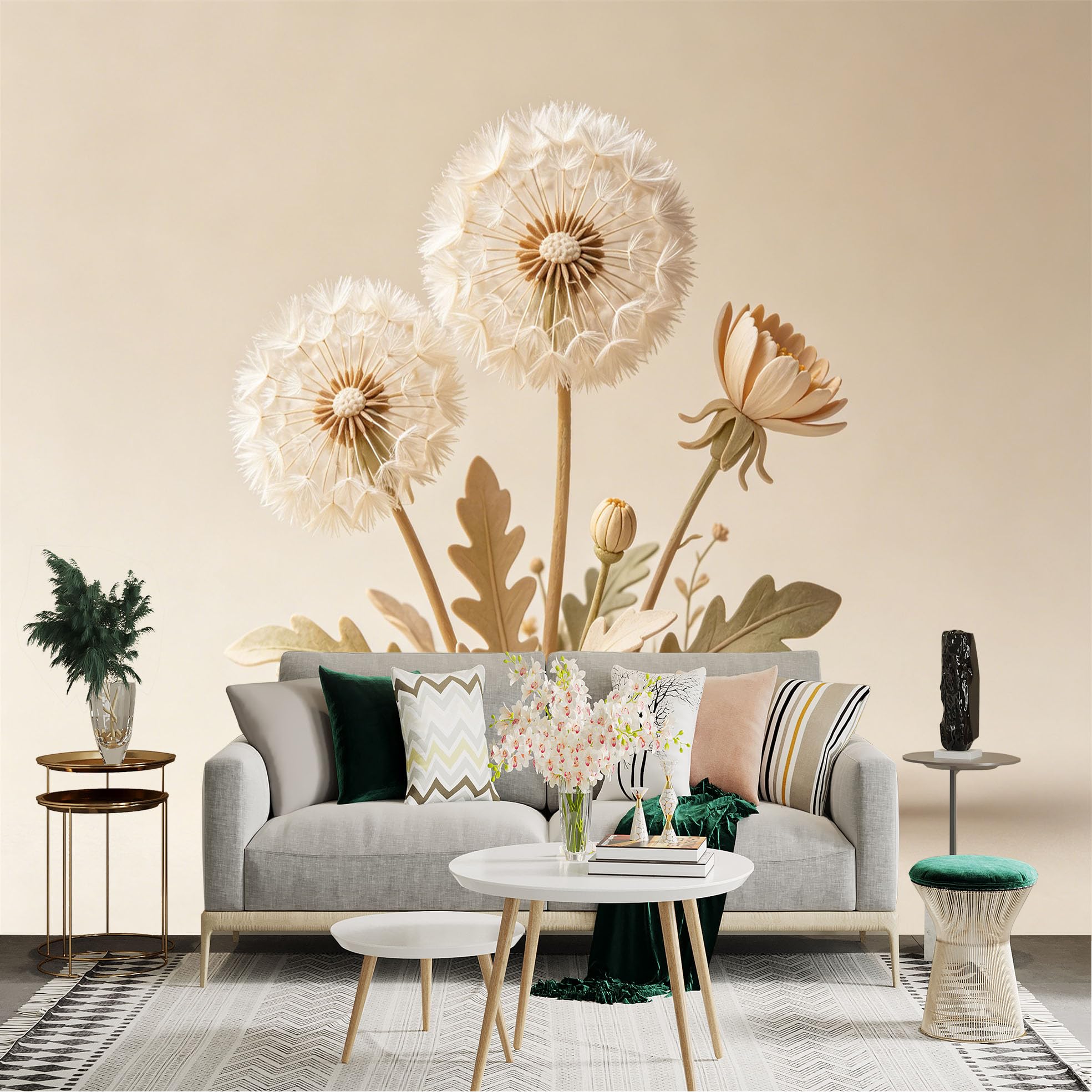 Lnzczhyre Dbh260521416 Custom Size Wall Sticker Mural， Elegant Dandelion Flowers， Soft Beige Botanical Art， Minimalist Floral Decor， For Wall Decoration， Peelandstick Wall Decals.