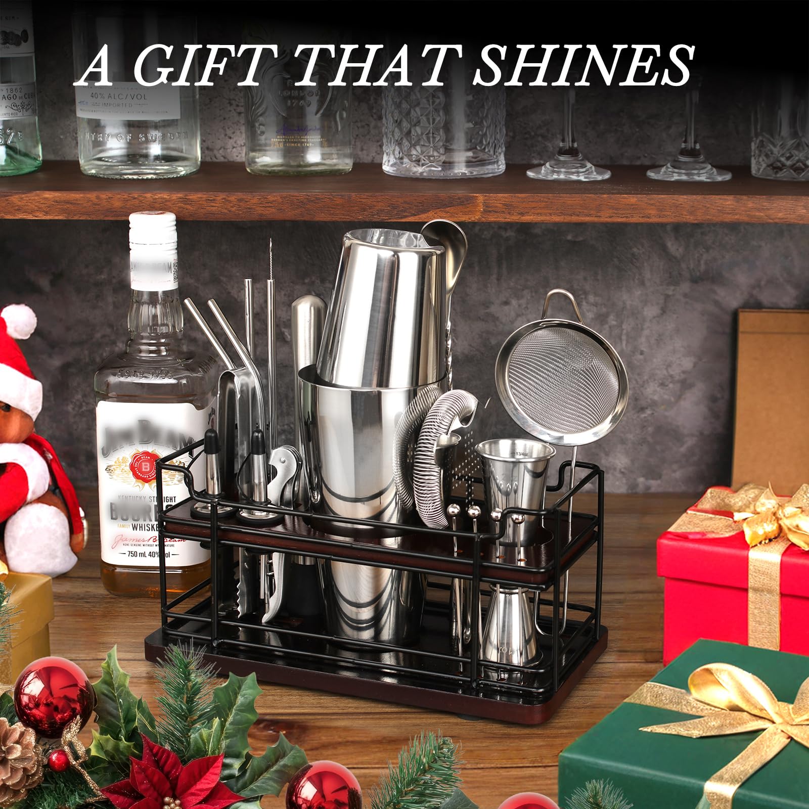 Kit cocktail da 20 pezzi in acciaio inox 825ml con supporto, Boston shaker cocktail set con dosatore misurino cocktail, kit barman professionale completo per casa e bar, regali per papà (argento)