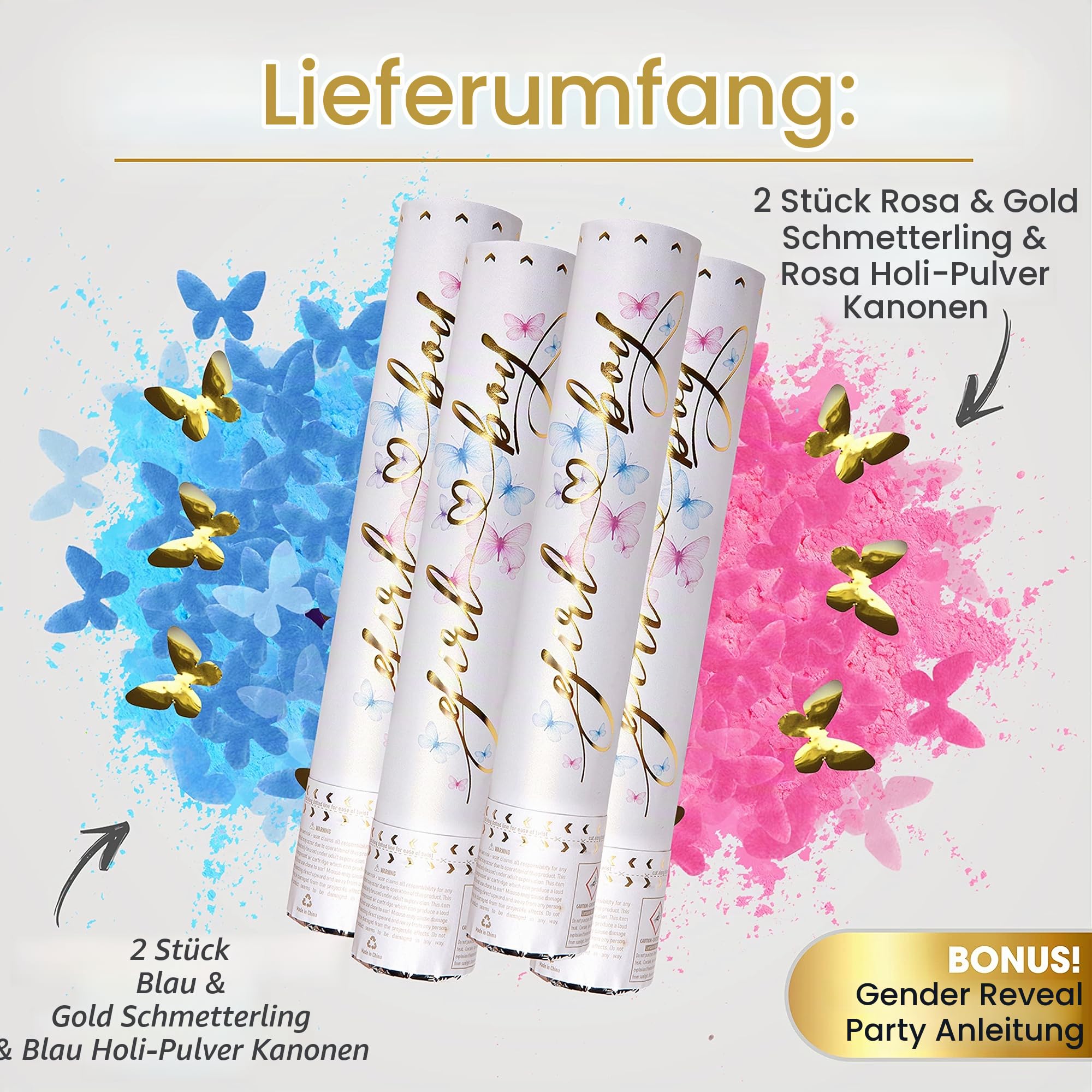 PrimePure Gender Reveal Konfettikanone, Rosa-Blaue Schmetterlinge, 4er-Pack