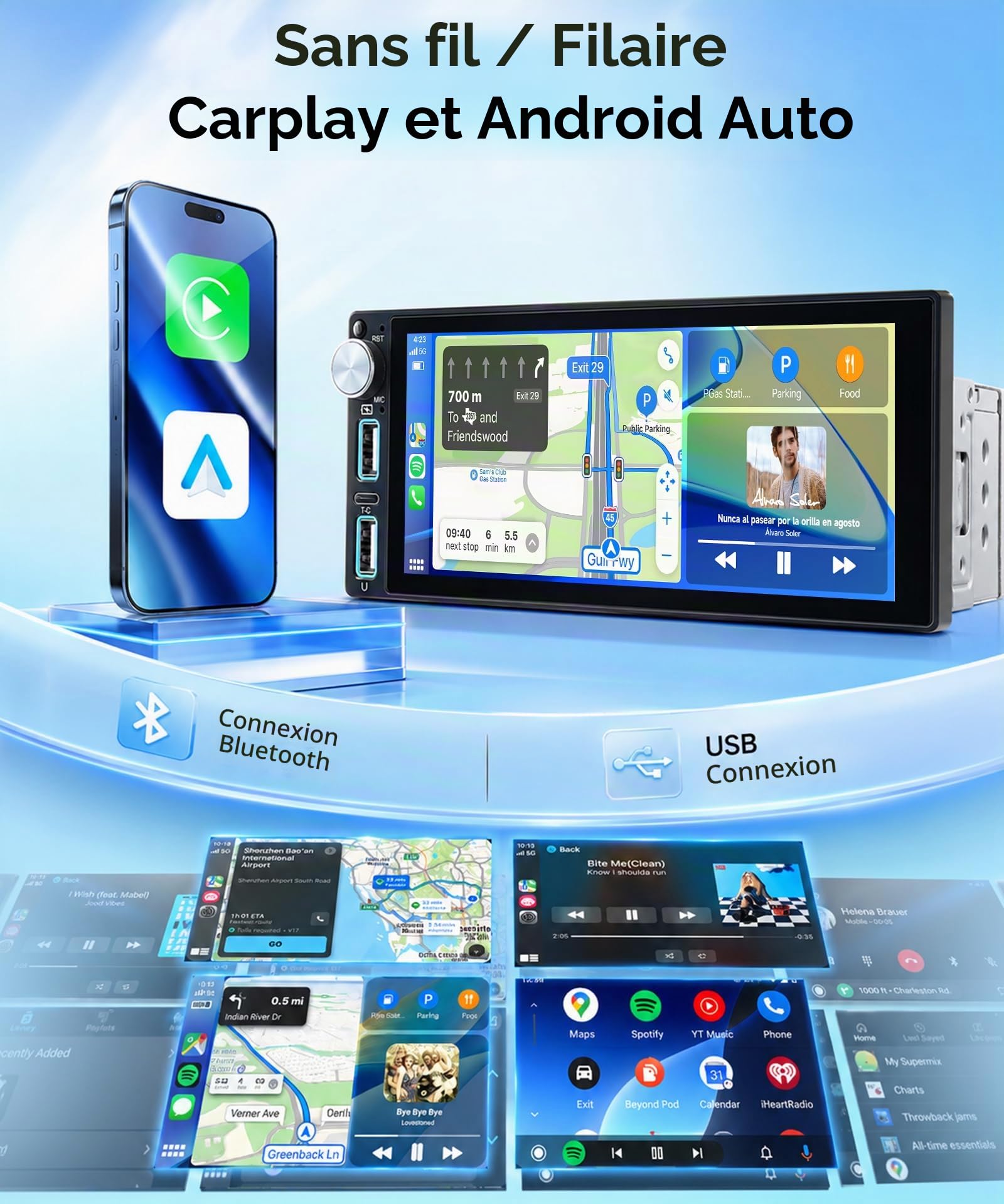 Rimoody Dab+/Dab Autoradio 1 Din avec sans Fil Carplay Android Auto Bluetooth 5.2 FM/AM, 6.86 Pouces Écran Tactile Radio Mirror Link Dab Adaptateur/EQ/USB/Type C Commande au Volant Caméra de Recul