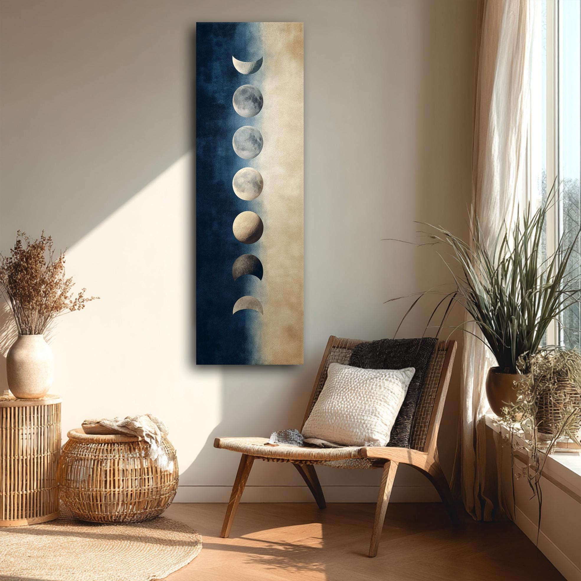 TONGYINLI Tableau mural vertical sur toile représentant les phases de la lune, style bohème, affiche lunaire beige et bleue, décoration murale pour chambre (35 x 105 cm/cadre intérieur)