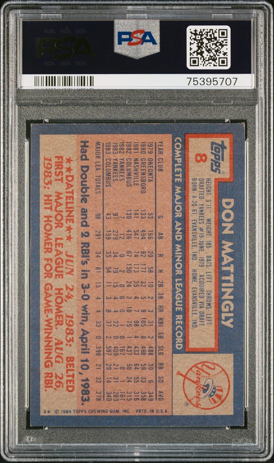 Don Mattingly 1984 Topps Baseball Rookie Card #8 Graded PSA 6