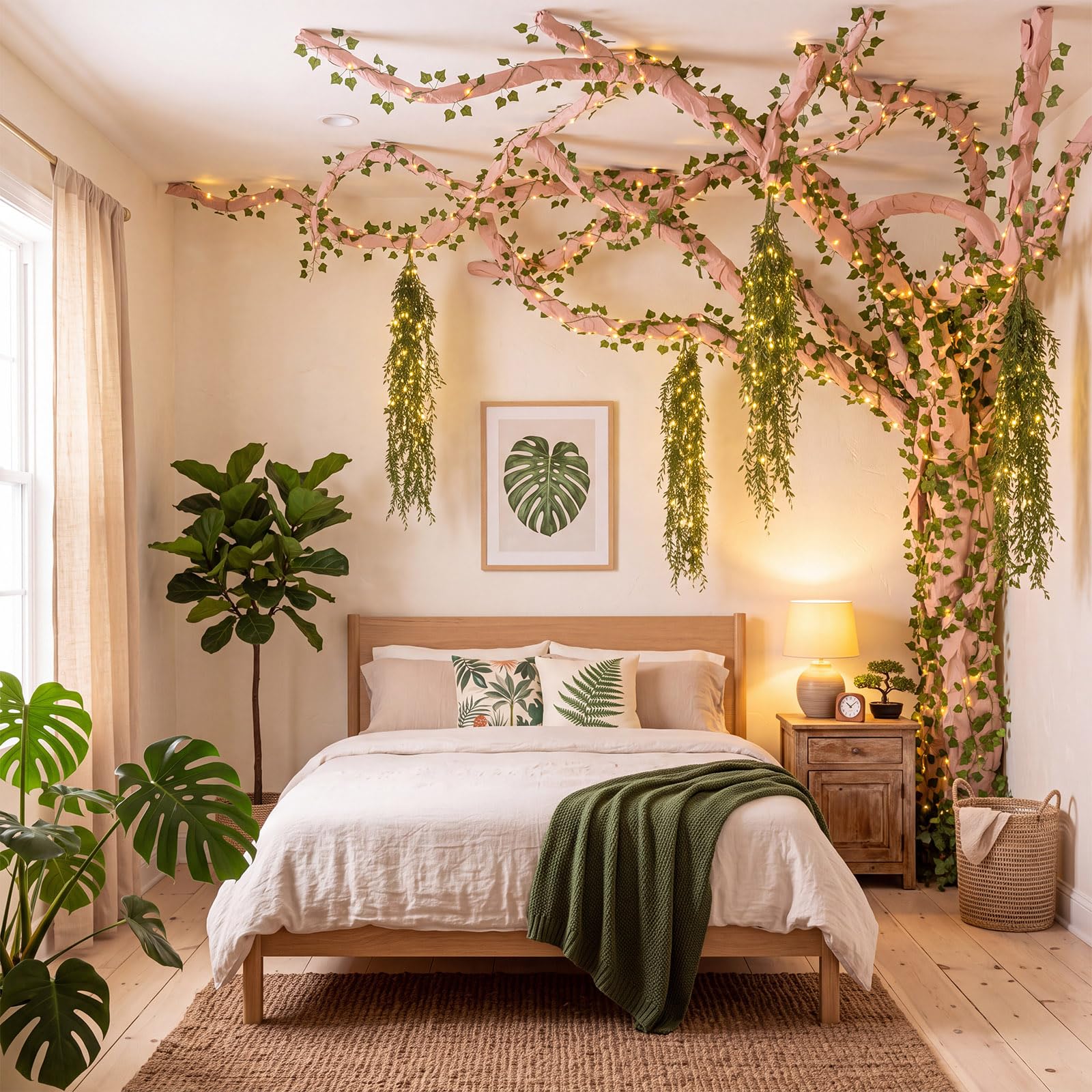 Blosssound Decoración temática de la selva, árbol 3D con hojas artificiales, guirnaldas de hojas de uva, luz LED, papel kraft para fiesta temática de bosque lluvioso 2026, decoración de tablón de