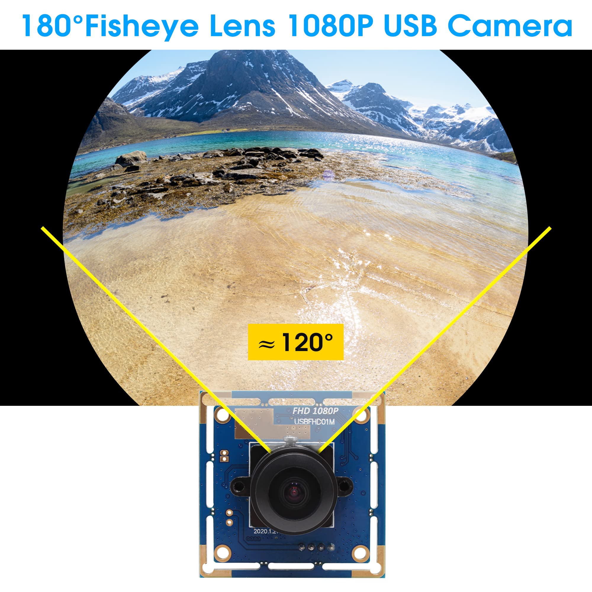 ELP Cámara web USB de 180 grados con lente ojo de pez de 2 megapíxeles, 1080p, gran angular, para PC, cámara web USB para Android/Linux/Windows