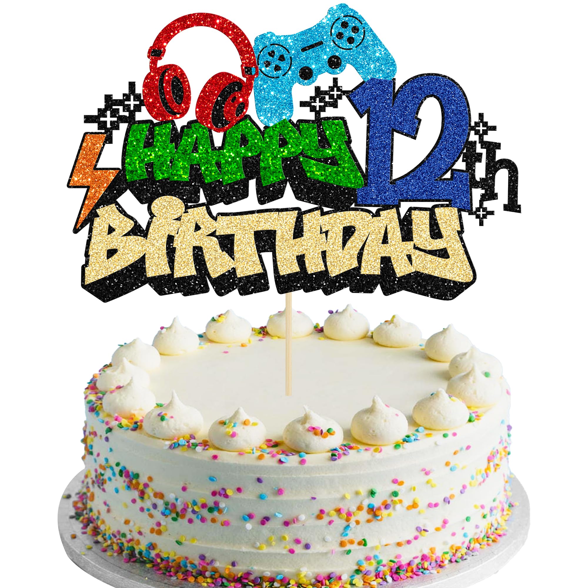 Gyufise 1Pcs 12th Birthday Video Game Cake Topper Gaming Level Unlocked Game On Controllers Cake Pick Decorations Game Theme Baby Shower 12th Birthday Anniversary Party Cake Decorations