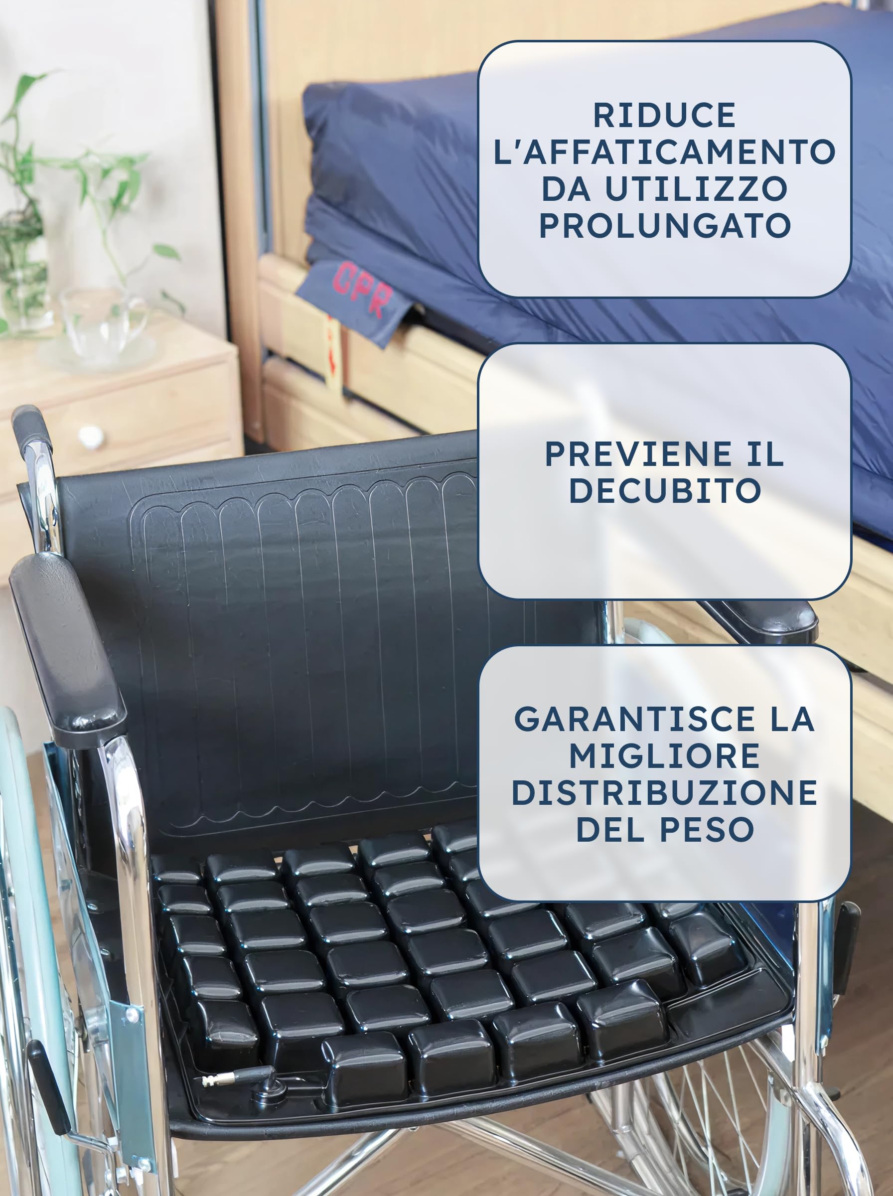 SPES Cuscino Antidecubito Nero - Cuscino Ortopedico per Sedia a Rotelle, Fodera Traspirante, Fondo Antiscivolo - Prevenzione Piaghe, Comfort per Sedute Prolungate, Sistema Auto-gonfiante
