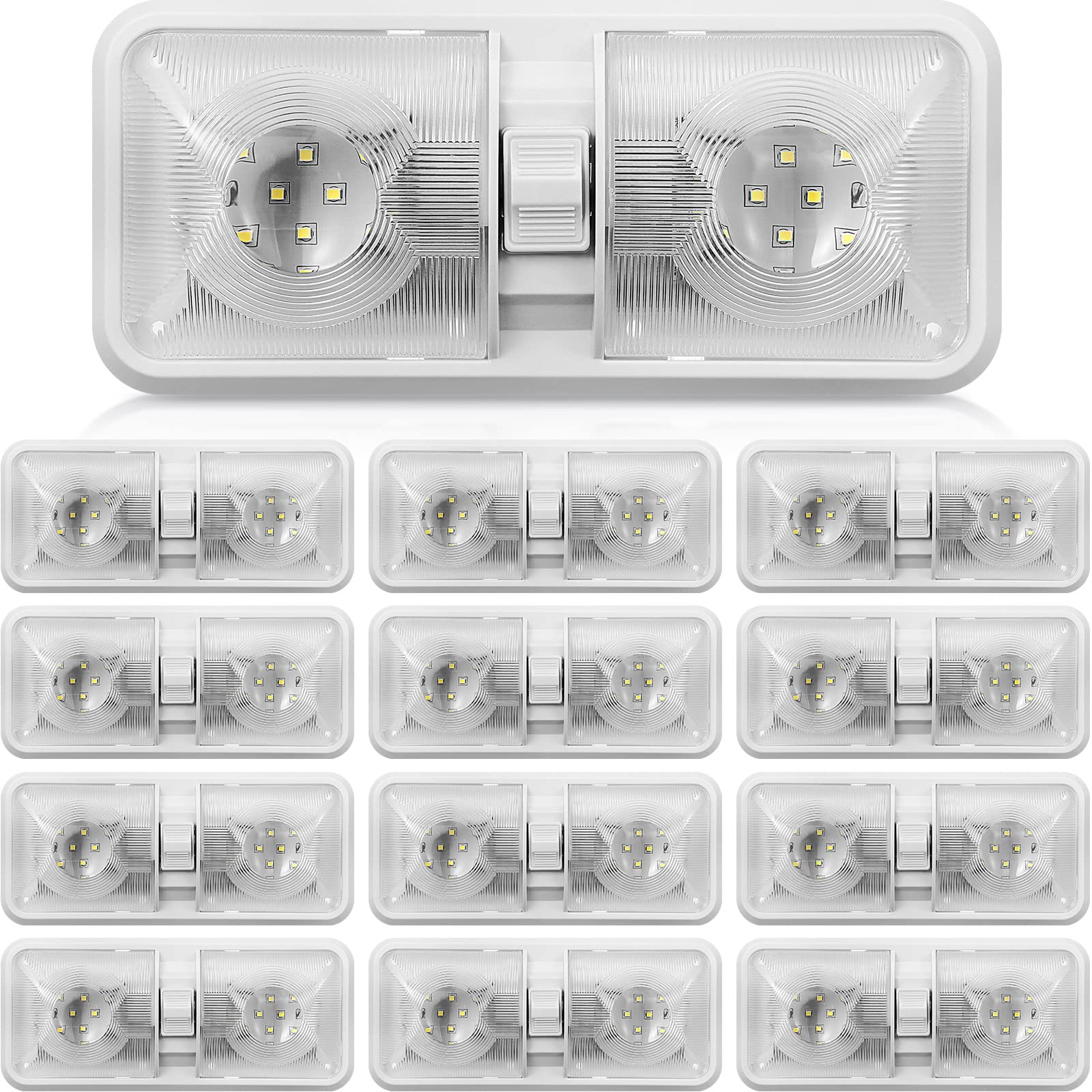 RV LED Ceiling Double  Dome  Light Fixture RV  Interior  Lighting with ON/Off Switch  Interior  Lighting, Amper Ceiling Light 12V White Light for Car RV Trailer Camper Boat DC (12 Pack)