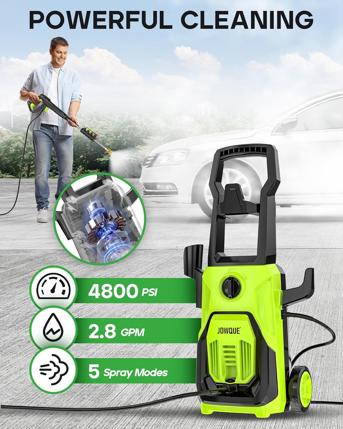 BLACK AND GREEN Electric Pressure Washer 4800 PSI 2.8 GPM, Power Washers Electric Powered with 4 Nozzles and Foam Cannon, High Pressure Cleaner Machine for Cars, Patio, Driveway, Home Cleaning