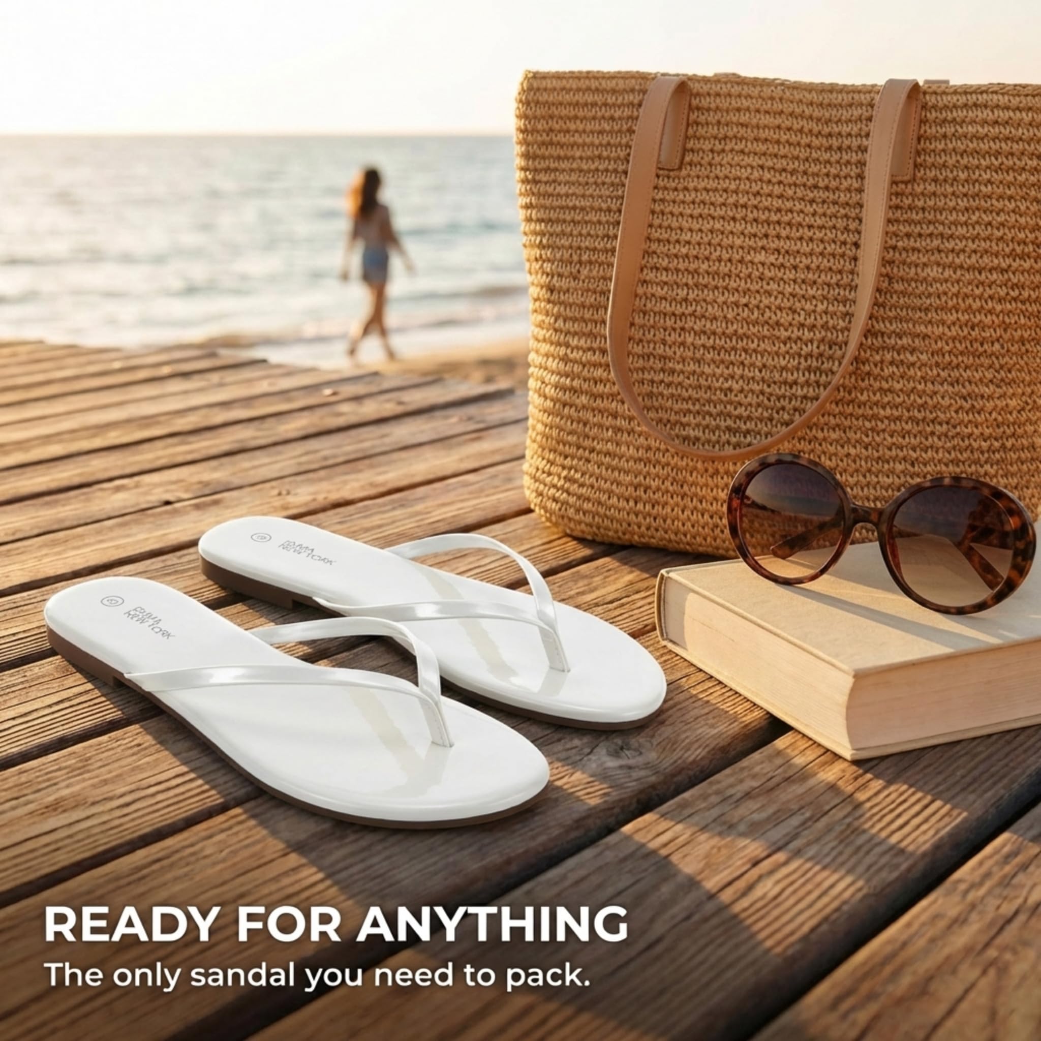 EMMA NEW YORK Flat Sandals for Women, Thong Flip Flops for Women, Cushioned Footbed, Slim Strap (White Patent, 9)