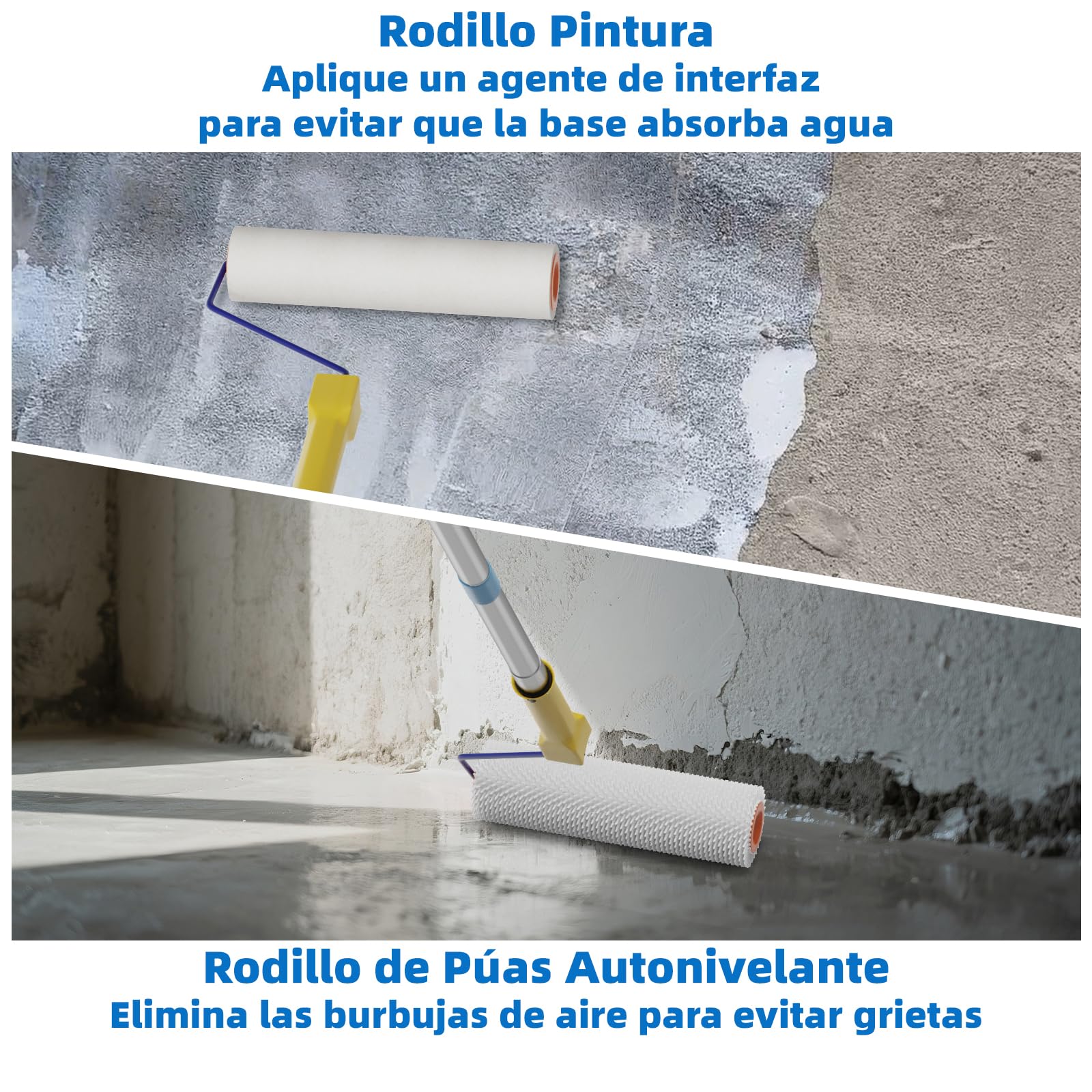 VKE Rodillo de Púas Autonivelante 23 cm - Espinas 14 mm, Autonivelante, 2 Rodillo Pintura 23 cm, Palo Telescopico 1,5 m, Zapatos Aireador para Cesped 30 mm, Herramientas para Autonivelante - 1 Asa