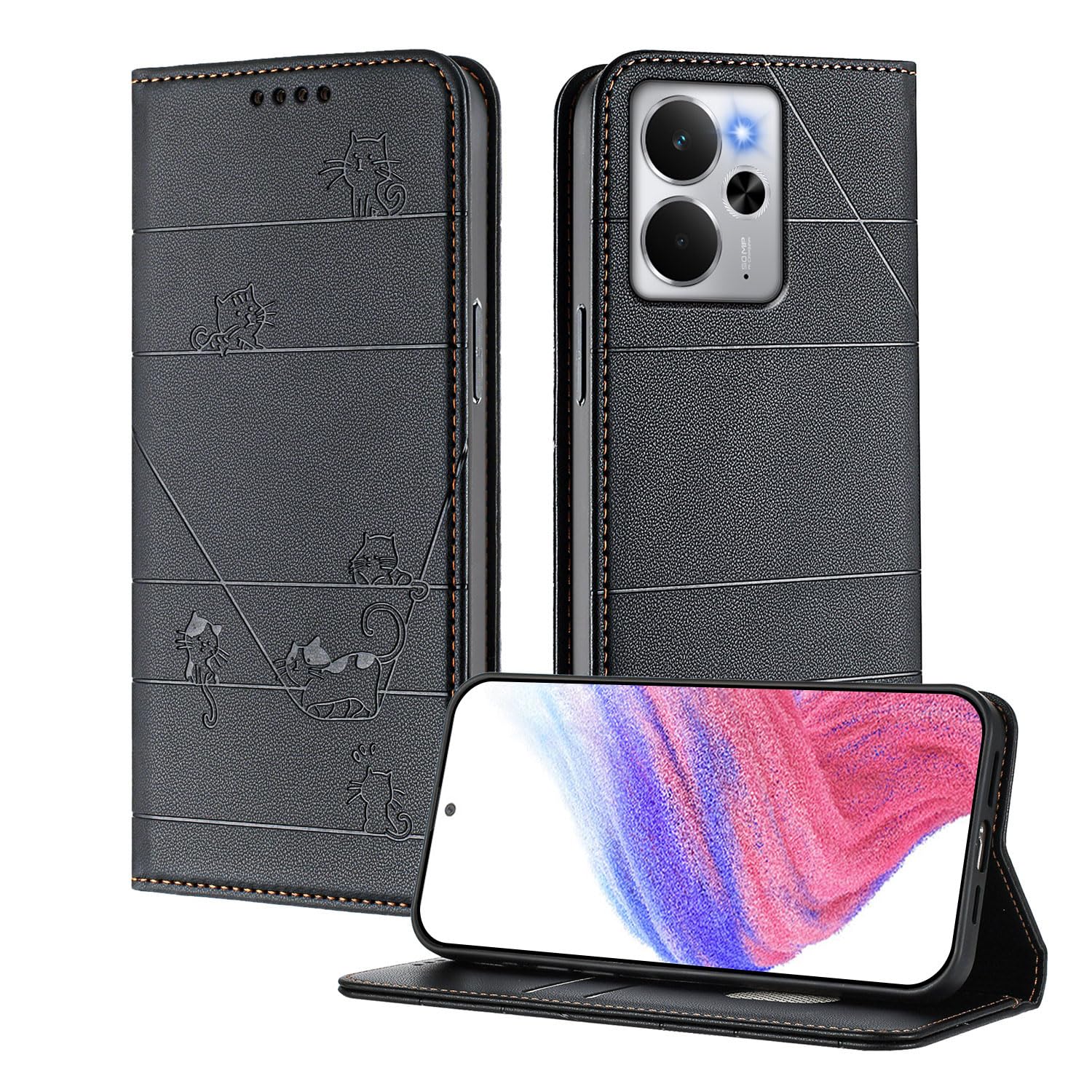 XINYEXIN Etui do Realme 14 5G / Realme 14T 5G, etui z klapką ze skóry PU z ochroną RFID, przegródki na karty, portfel, stojak, pełna ochrona - czarne