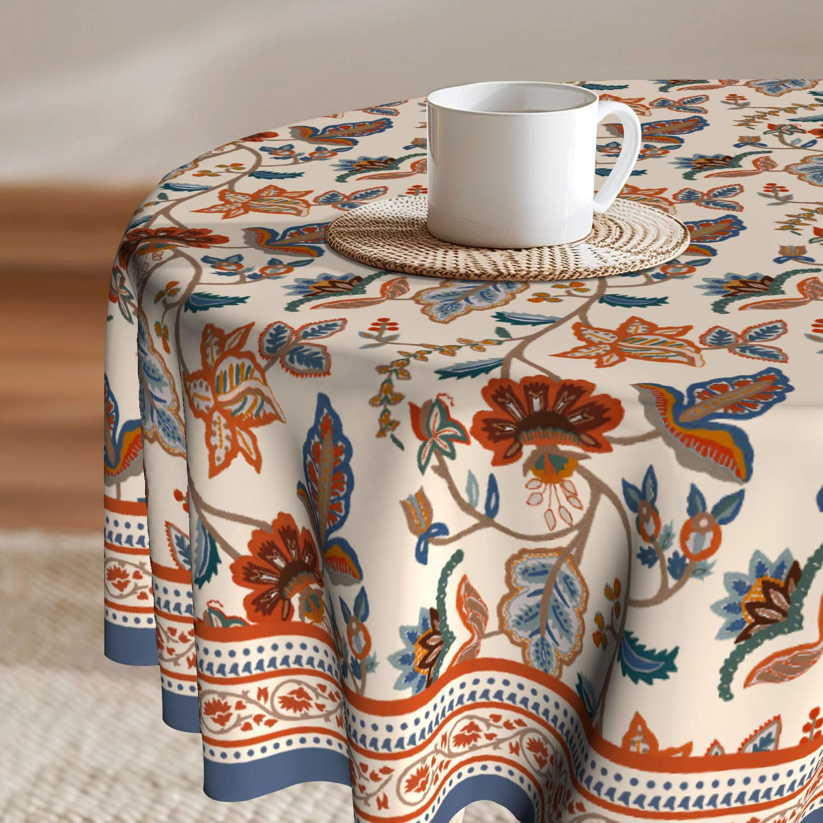 Imiss Floral Round Tablecloth Durable Washable Table Cover Bohemian Blue Red Floral Branches Decorative Farmhouse Table Cloth 60 Inch for Kitchen