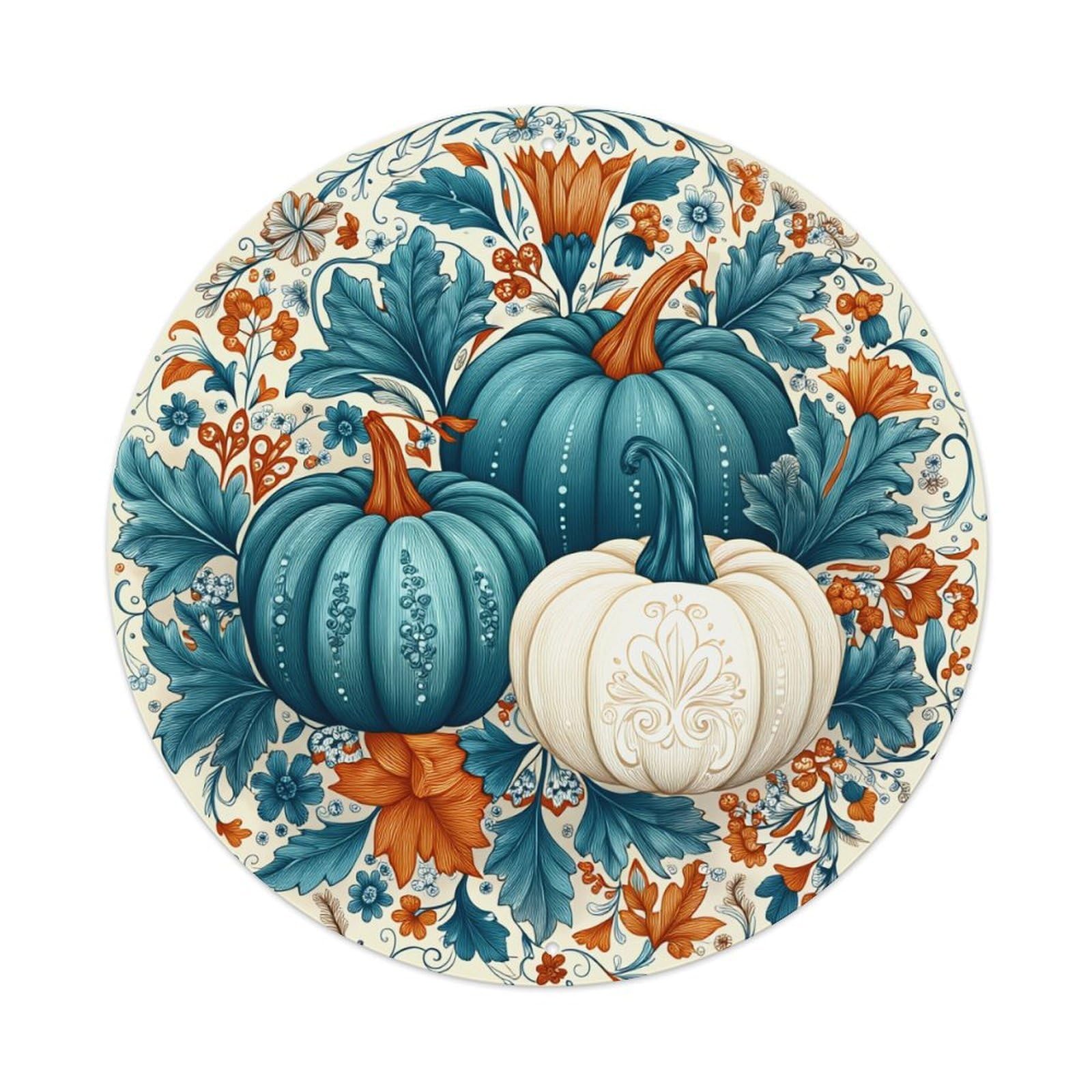 Pumpkin Floral Autumn Leaves Pattern Round Tin Sign Retro Metal Sign for Cafe Bar Pub Home Game Room Gym Club Wall Decoration Vintage Metal Poster 8x8 Inch