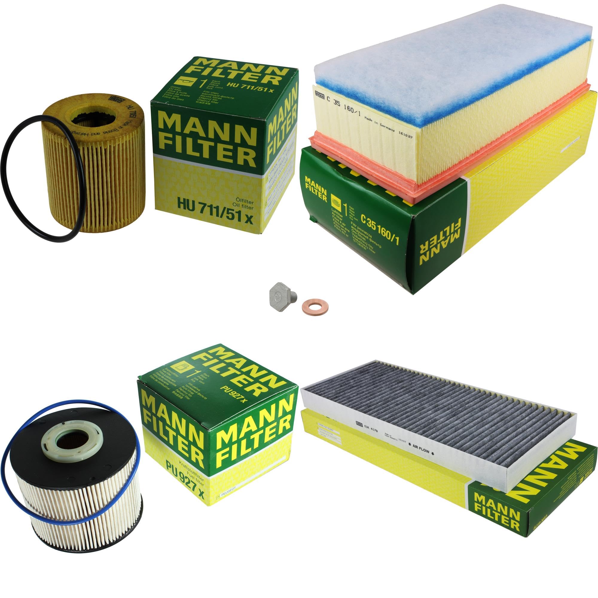 Paquete de inspección Kit de mantenimiento de filtros con filtro de aceite HU 711/51 x, filtro de aire C 35 160/1, filtro de combustible PU 927 x, filtro de habitáculo CUK 4179, tornillo de