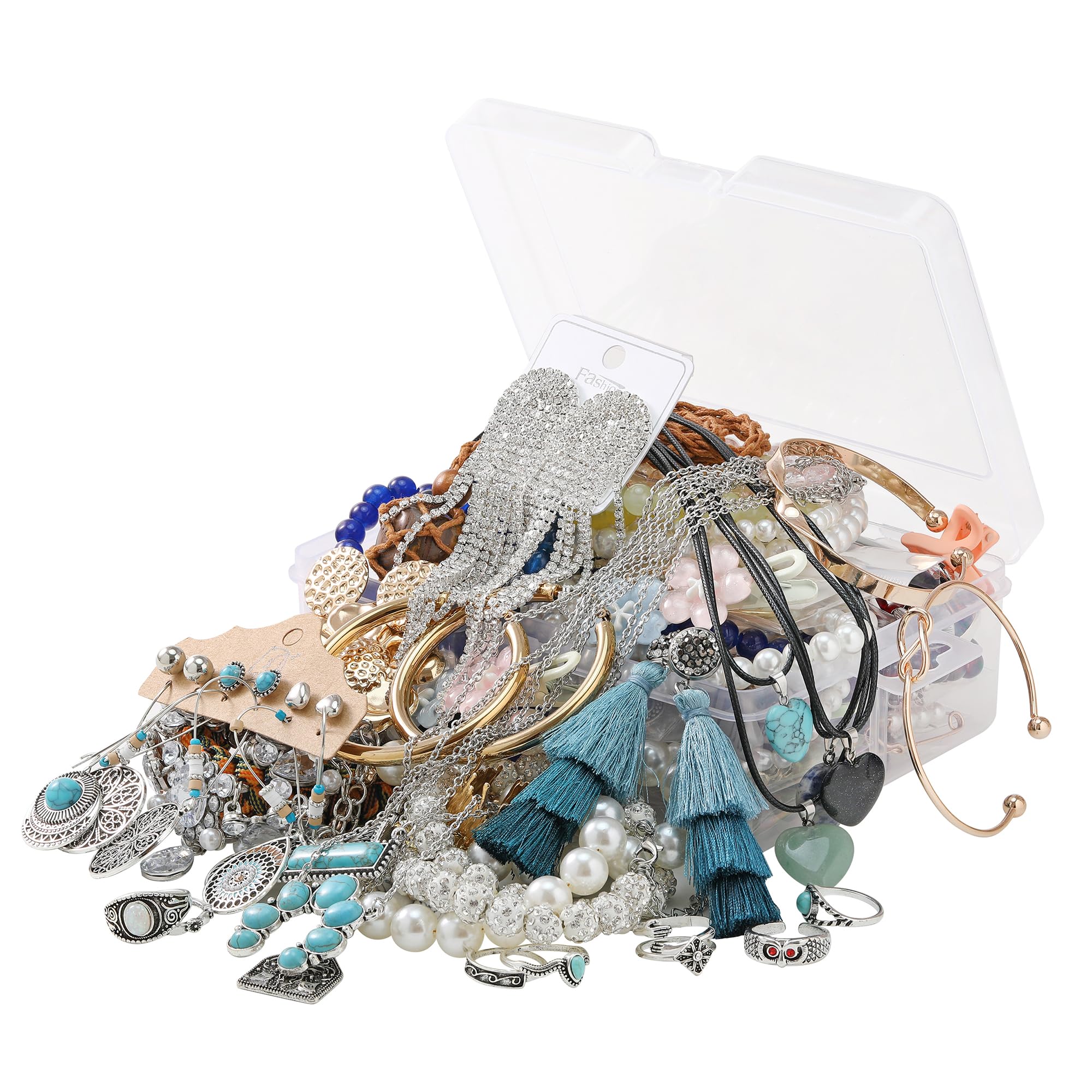 Mystery Jewelry Jar Bundle,40-45 Piece Vintage Jewelry Set for Women,Surprise Mystery Box with Necklaces, Earrings, Bracelets, Rings, Hair Clips,Shoes Charm, Keychain,Brooches,Unique Gifts Idea for Christmas, Birthday and Party