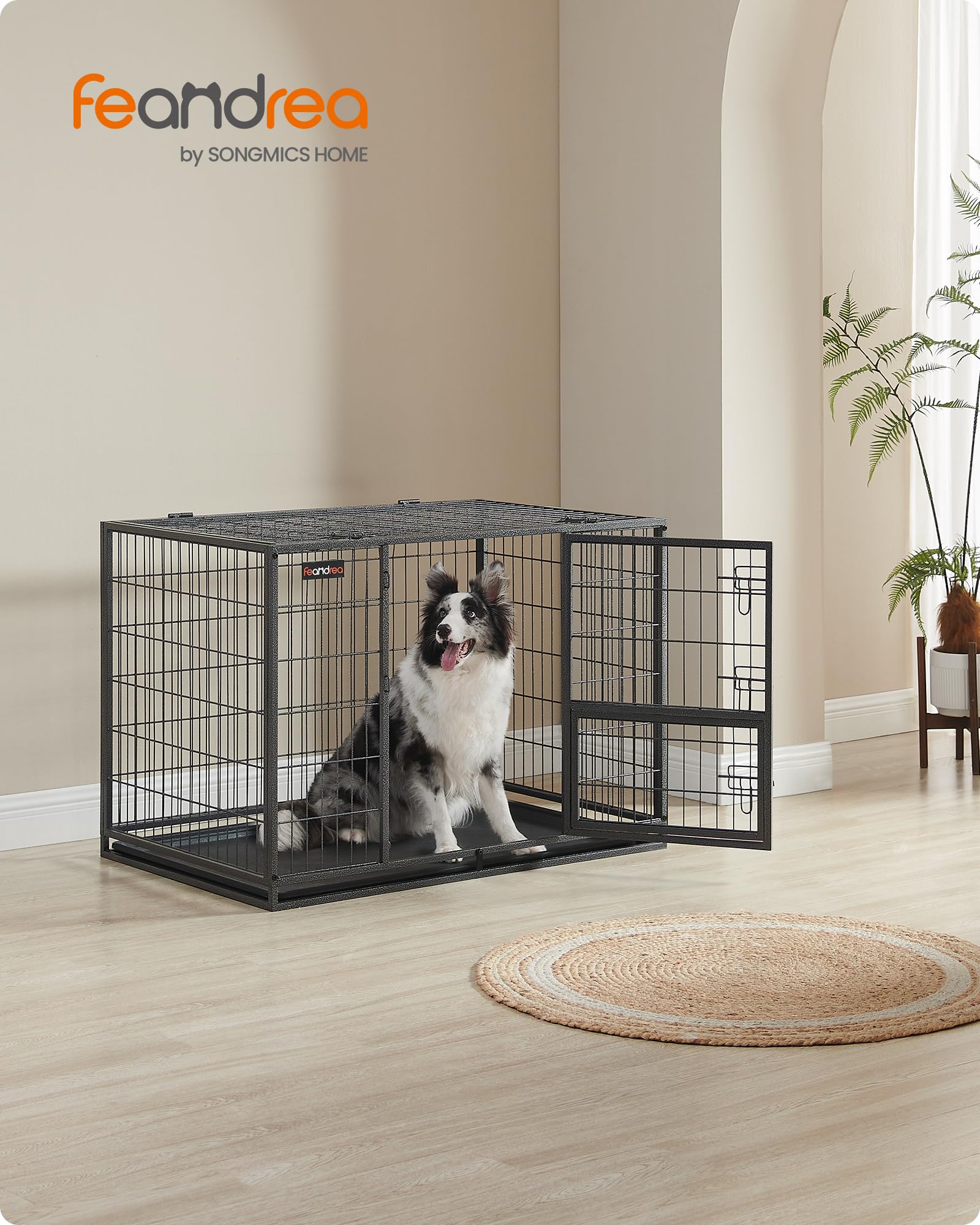 Feandrea Jaula Pesada para Perros, Jaula de Mascotas, 107 x 70 x 75 cm, para Perros Medios y Grandes, Antiescape, Doble Puerta Extraíble, Parque, XL, Gris PPD001G01