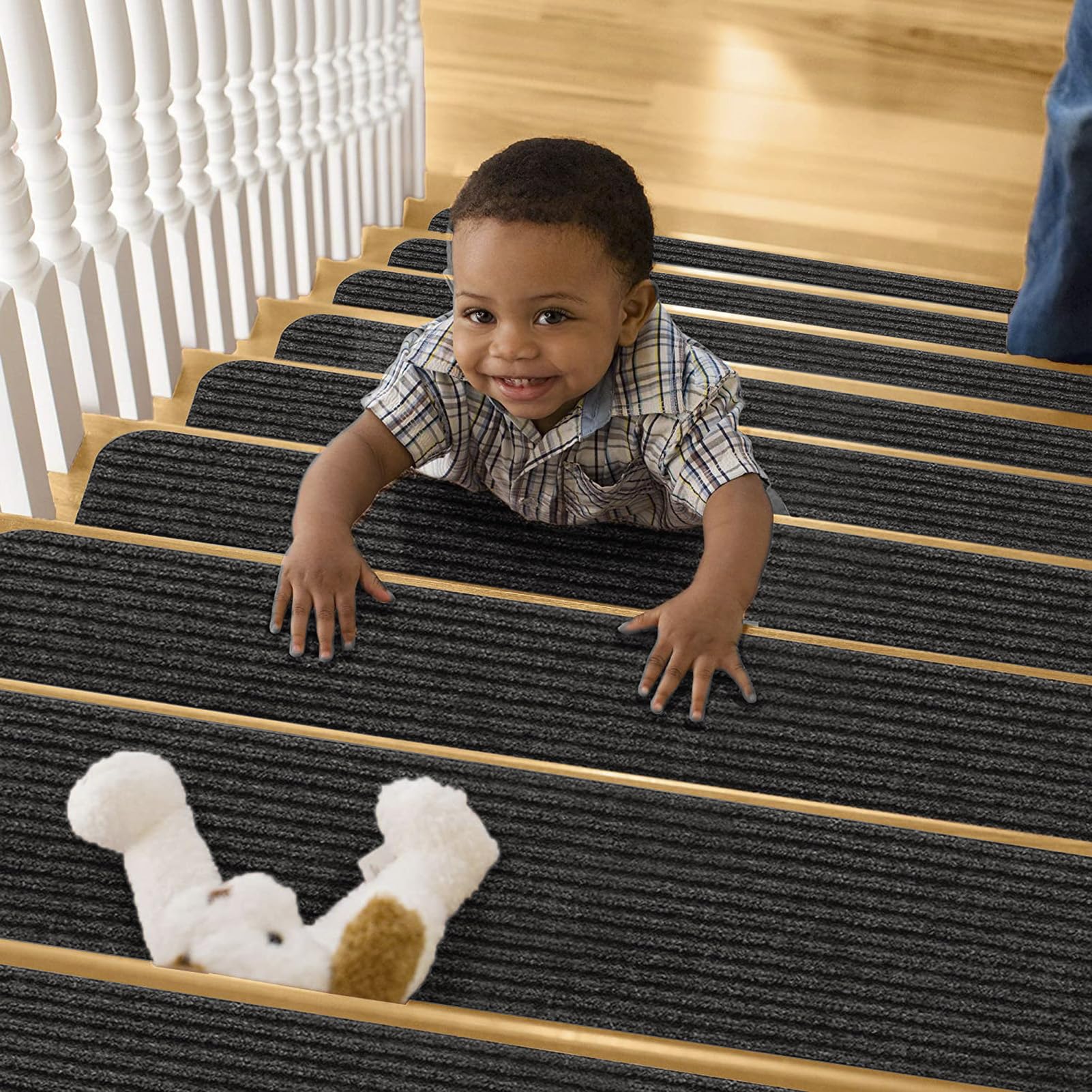 uoXHFdh Set of 15 Stair Mat, 20cmx76cm, Self-Adhesive Stairs Carpet Indoor Runner Rugs for Pets Kids Elders(S black)