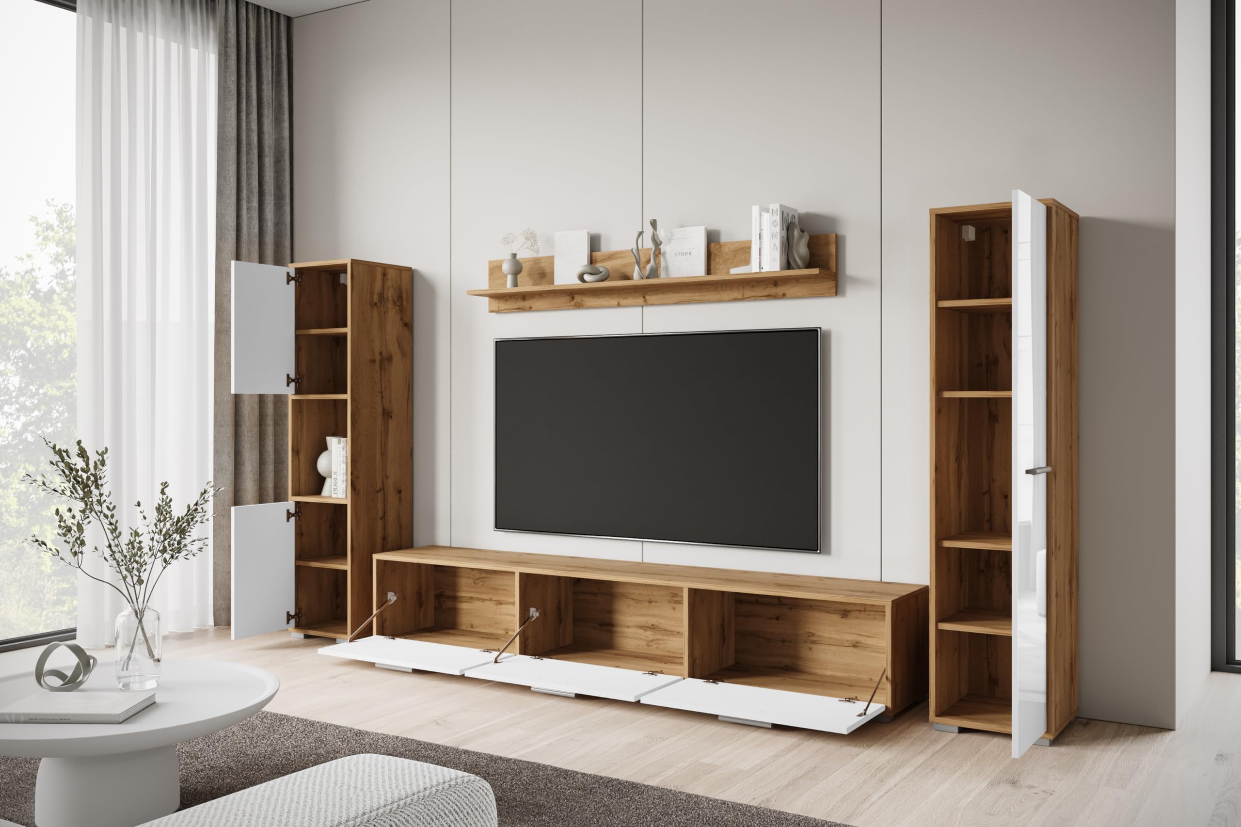MINIO go for it - Wohnwand Wohnzimmer 4-teilig Toga, Wohnzimmer Möbel Set, 1x TV Lowboard, 2X Hochschrank, 1x Wandboard, Wohnzimmermöbel Komplett, Wohnzimmer Set - Farbe Wotan Eiche/Weiss Hochglanz
