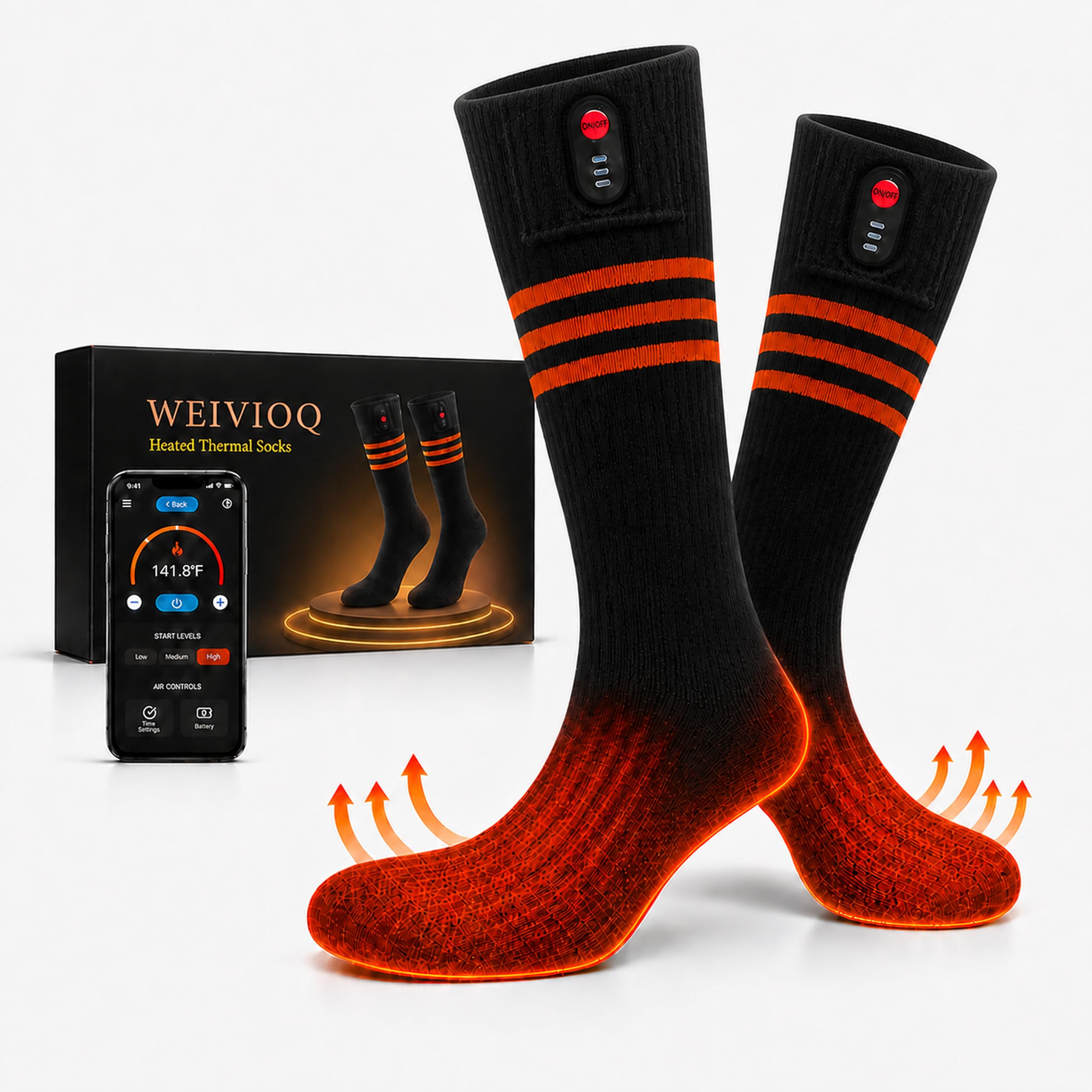 Beheizbare Socken für Damen und Herren, elektrische Heizsocken mit 7000-mAh-Akkus und App-Steuerung, 3 Heizstufen, Thermosocken für Skifahren, Jagd, Wandern und Camping