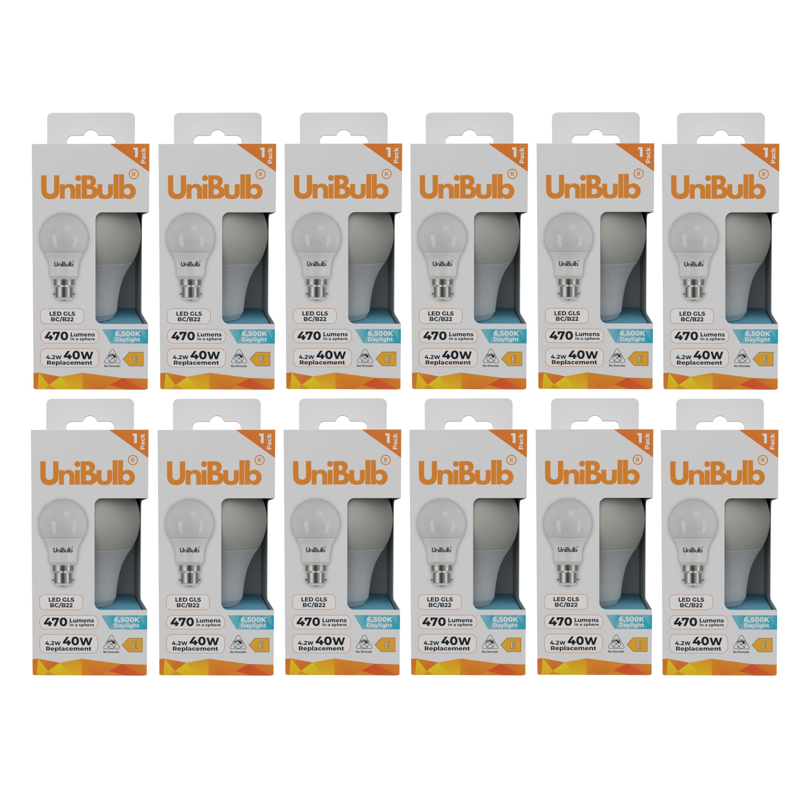 Unibulb BC/Bayonet / B22, 4.2W, 470lm, LED Light Bulbs, 40W Equivalent, Daylight 6500K, Replaces 40W, 180° Wide Beam, Non-dimmable, 25yr Lifespan (12)