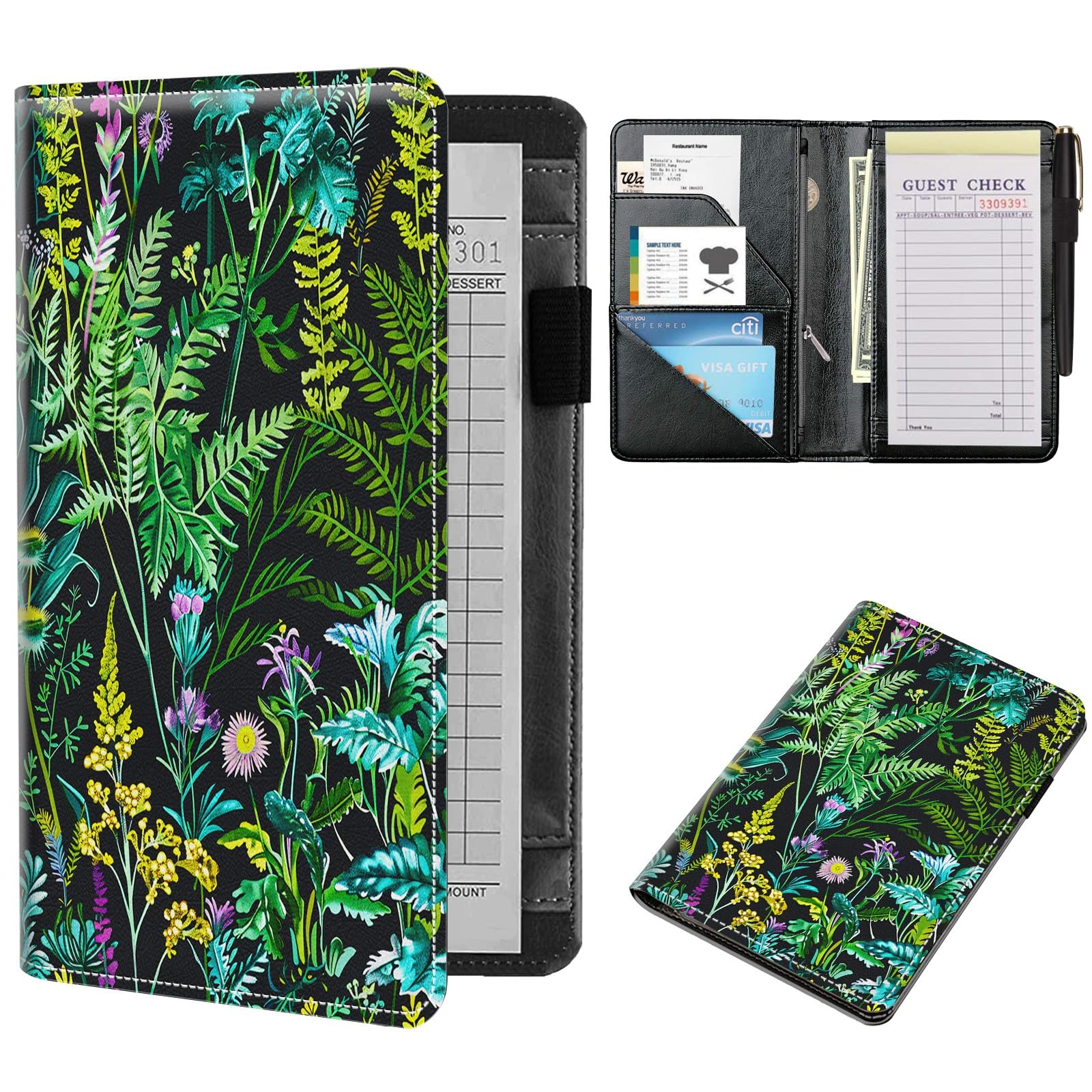 NLZQTTBD Server Book, Server Books for Waitress Compact Cute Waiter Receipt Book PU Leather Waitress Book with Zipper Pocket Cash Check Restaurant Bartender Server Apron Green Plant